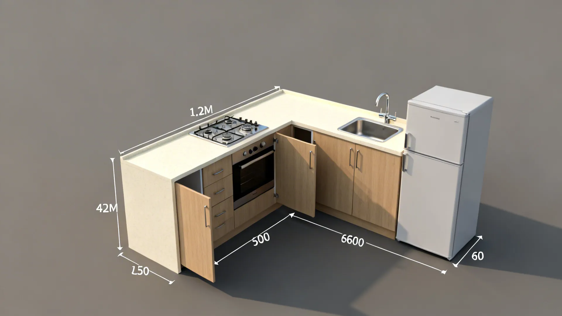 Compact L-shaped kitchen with a continuous 1.2 m prep zone and clear work triangle.
