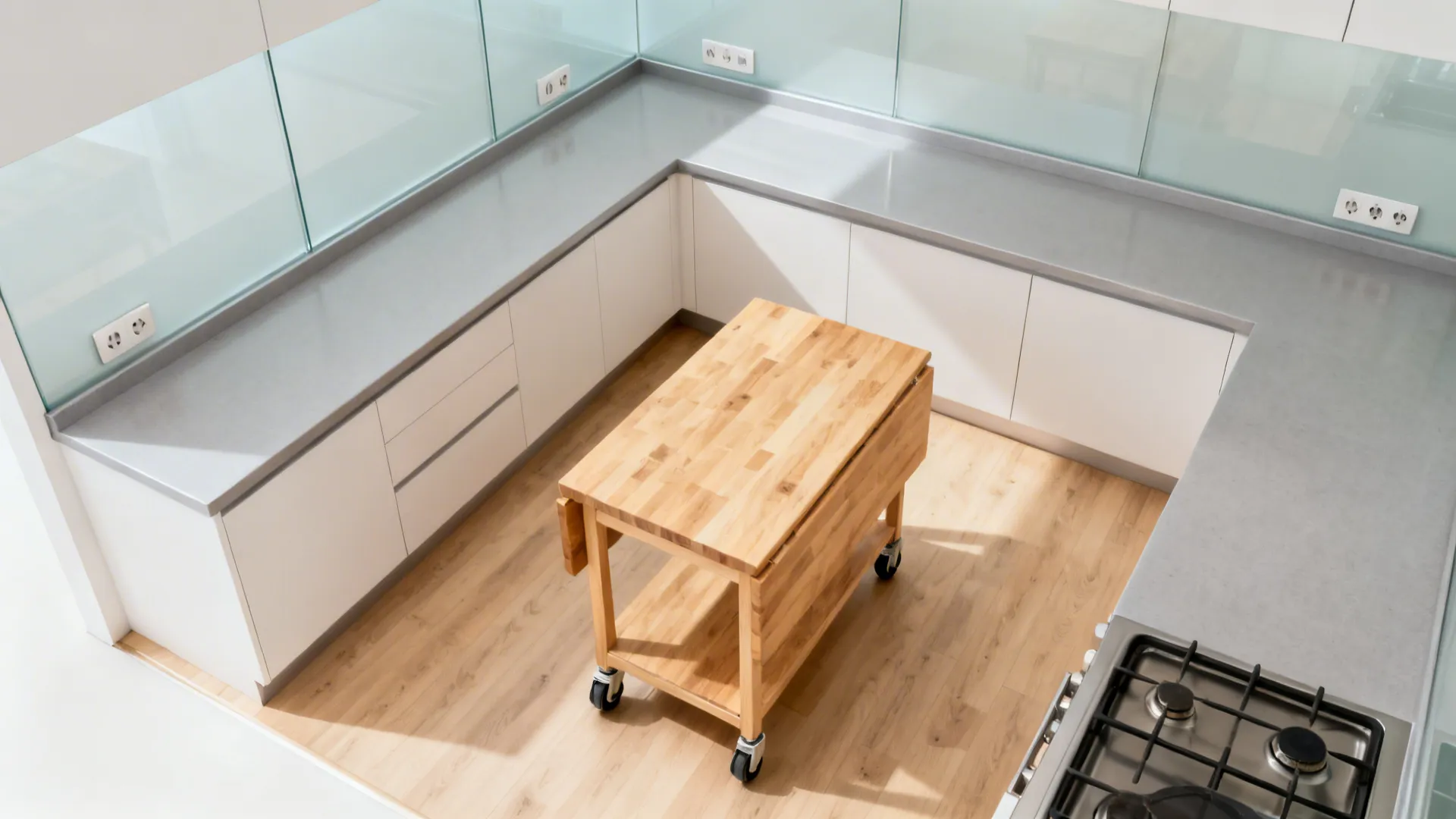 Top-view of an L-shaped small kitchen with a movable butcher-block prep table maintaining clear aisles.