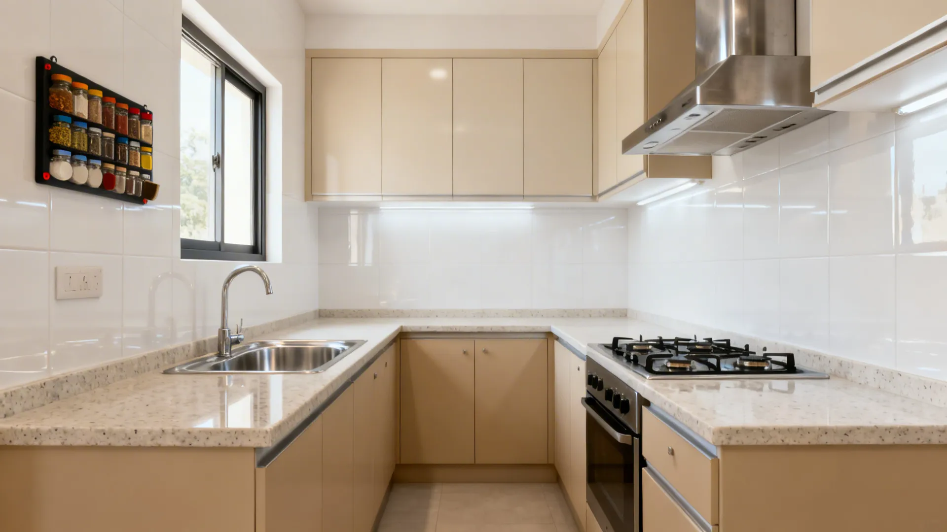 L-shaped kitchen showing a 4–5 ft uninterrupted prep-cook-wash countertop run.