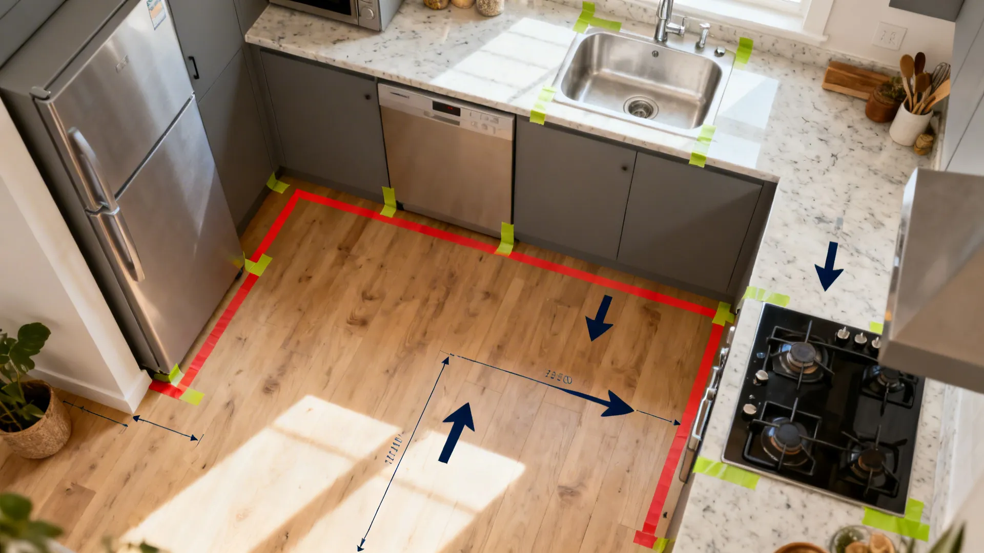 Top-down planning scene marking appliance positions and workflow in a tiny kitchen.