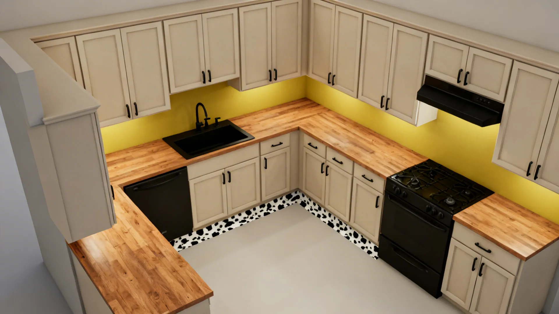 Top-down L-shaped kitchen plan highlighting sunflower backsplash and subtle cow-print toe-kick.