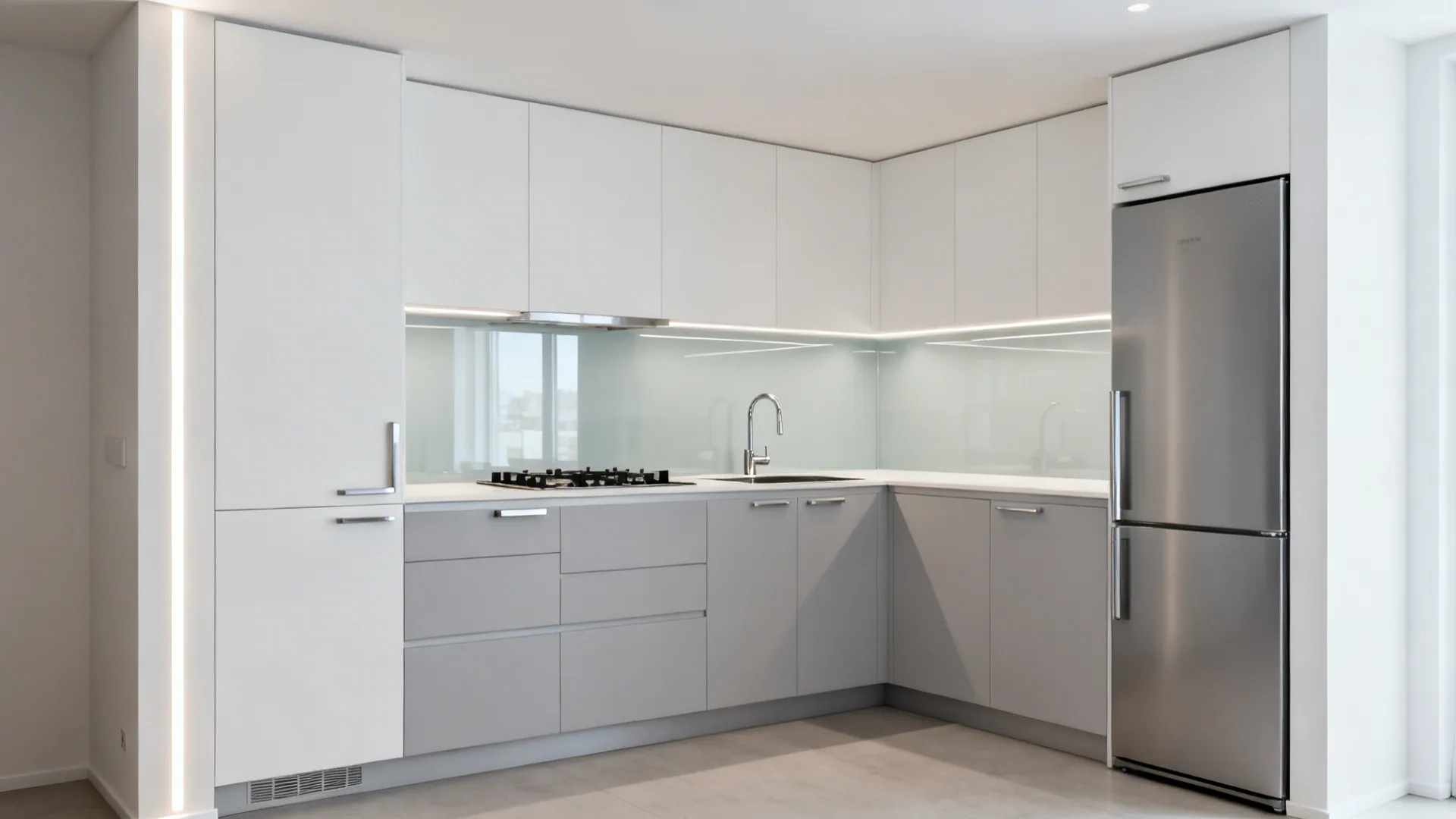 L-shaped micro-kitchen with recessed handles and a vertical corner LED, open above the sink.