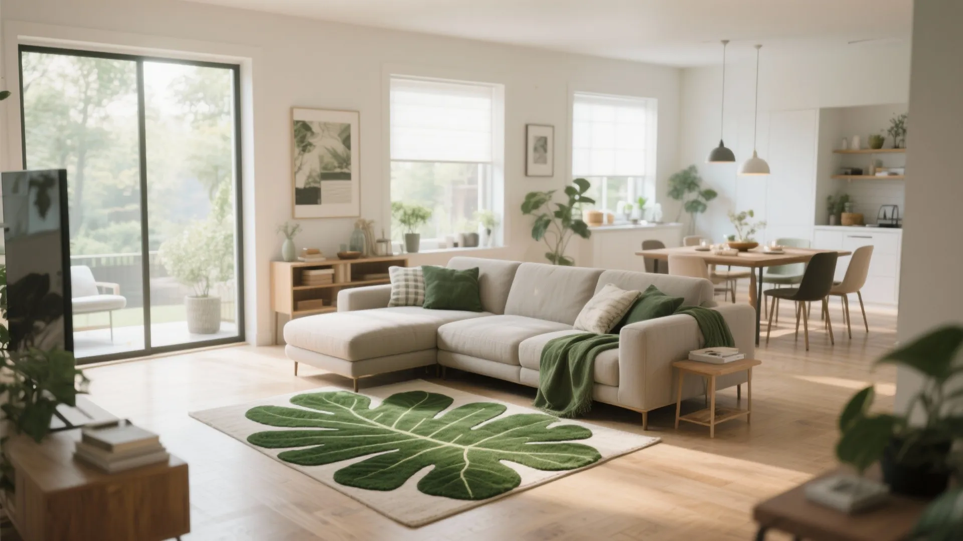 Modern open plan living room with L shaped sofa and a large leaf shaped rug