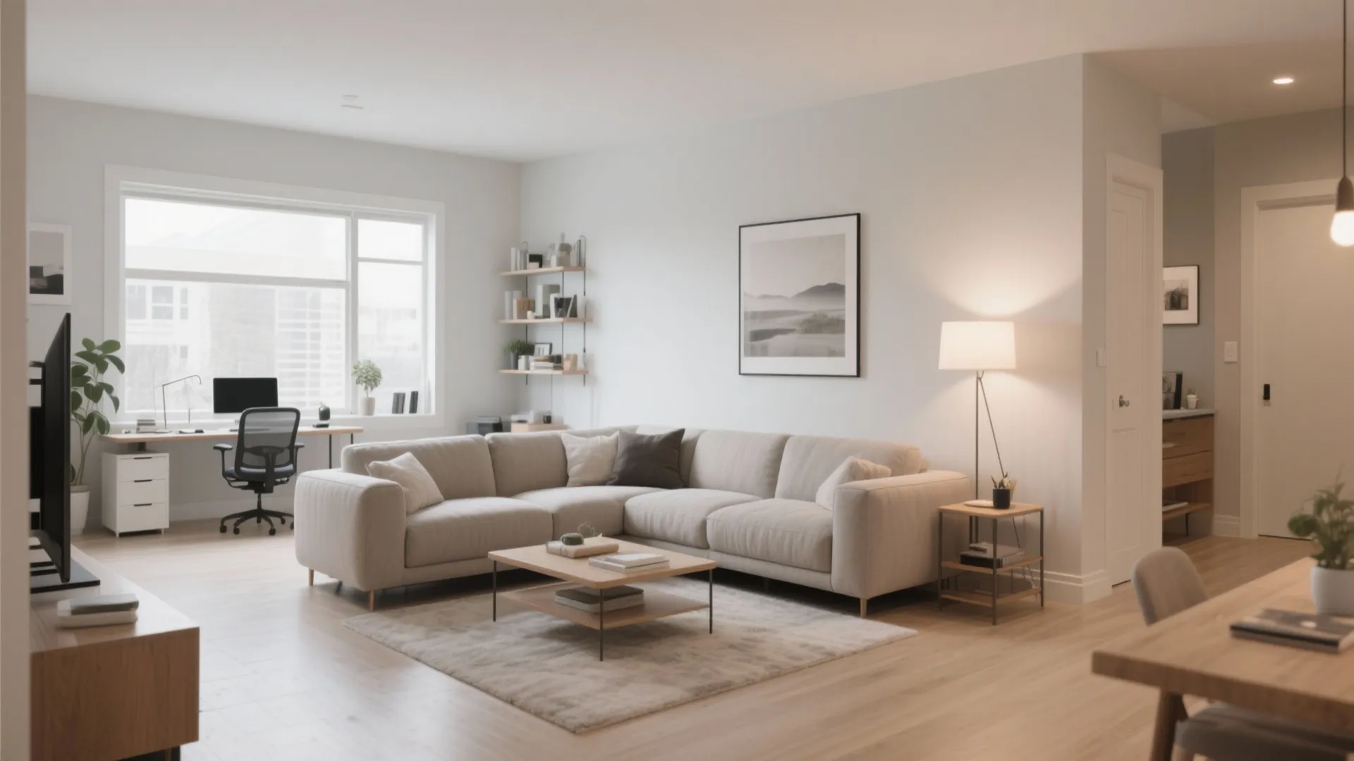 Open plan living area with corner sofa coffee table desk chair wall art and wood floors