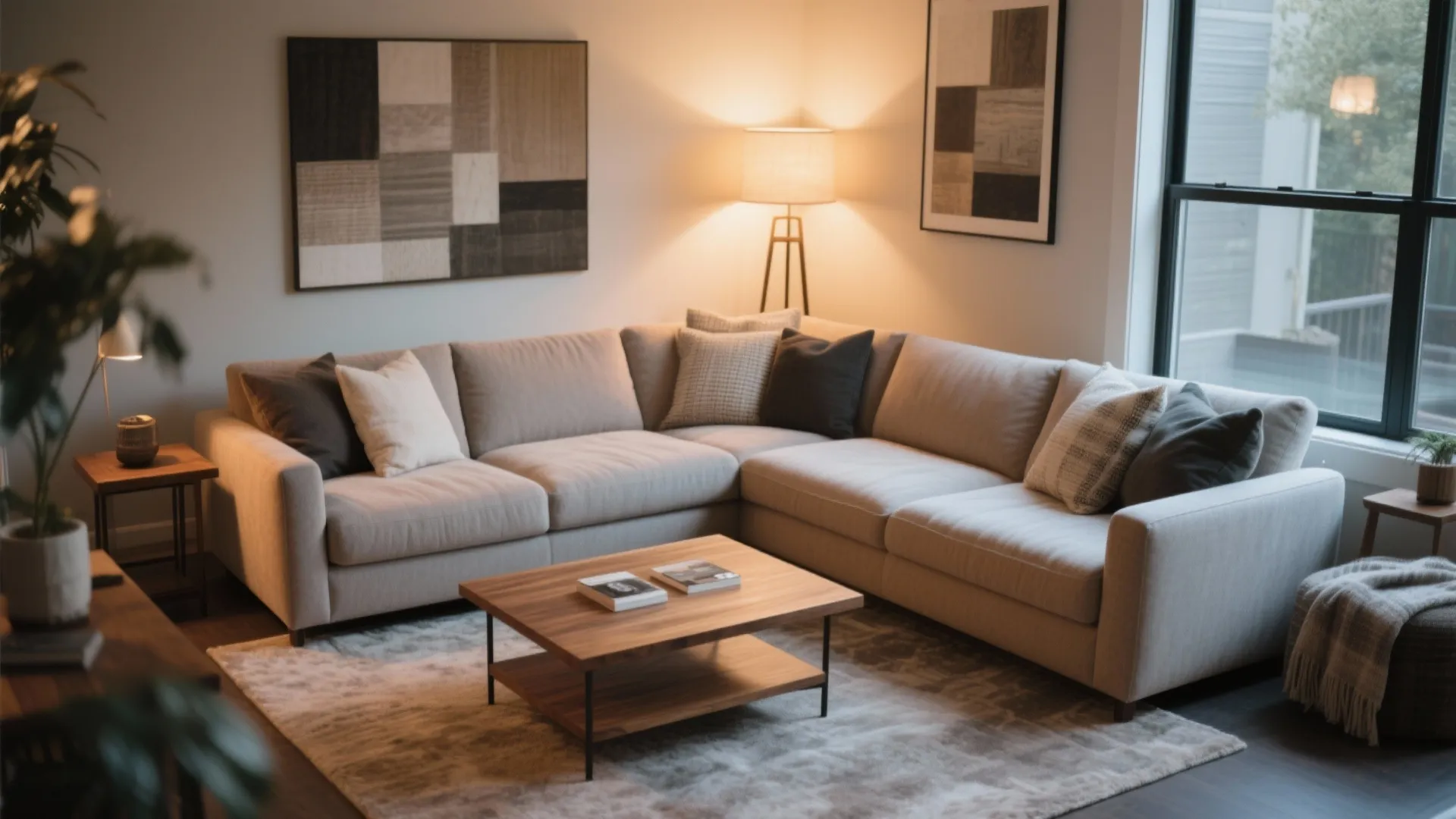 Beige sofa in a modern living room with wooden coffee table and a warm floor lamp