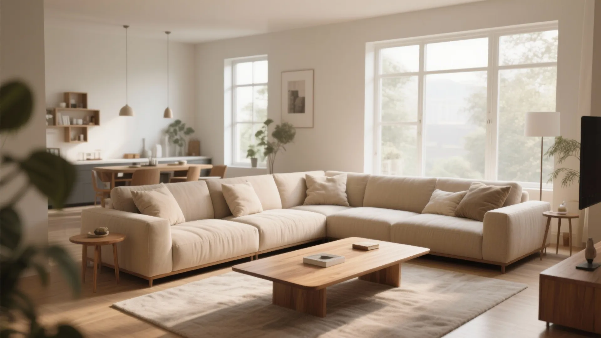 Modern cream sofa with wooden coffee table in a bright living room with large windows