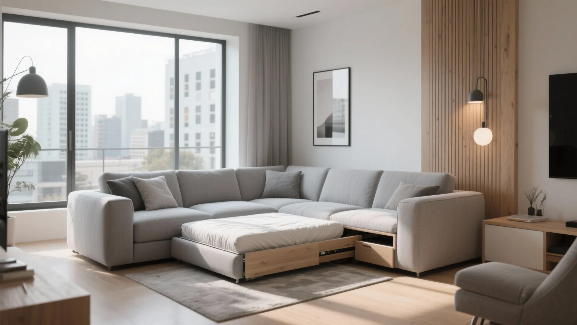 Modern living room with L-shaped sectional sofa that converts to a bed
