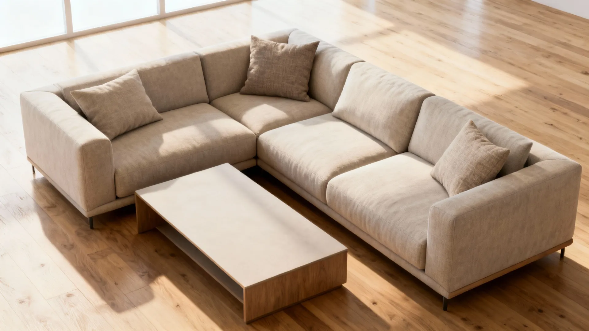 Two sectionals combined into a cohesive L-shaped sofa with coordinated pillows and coffee table.