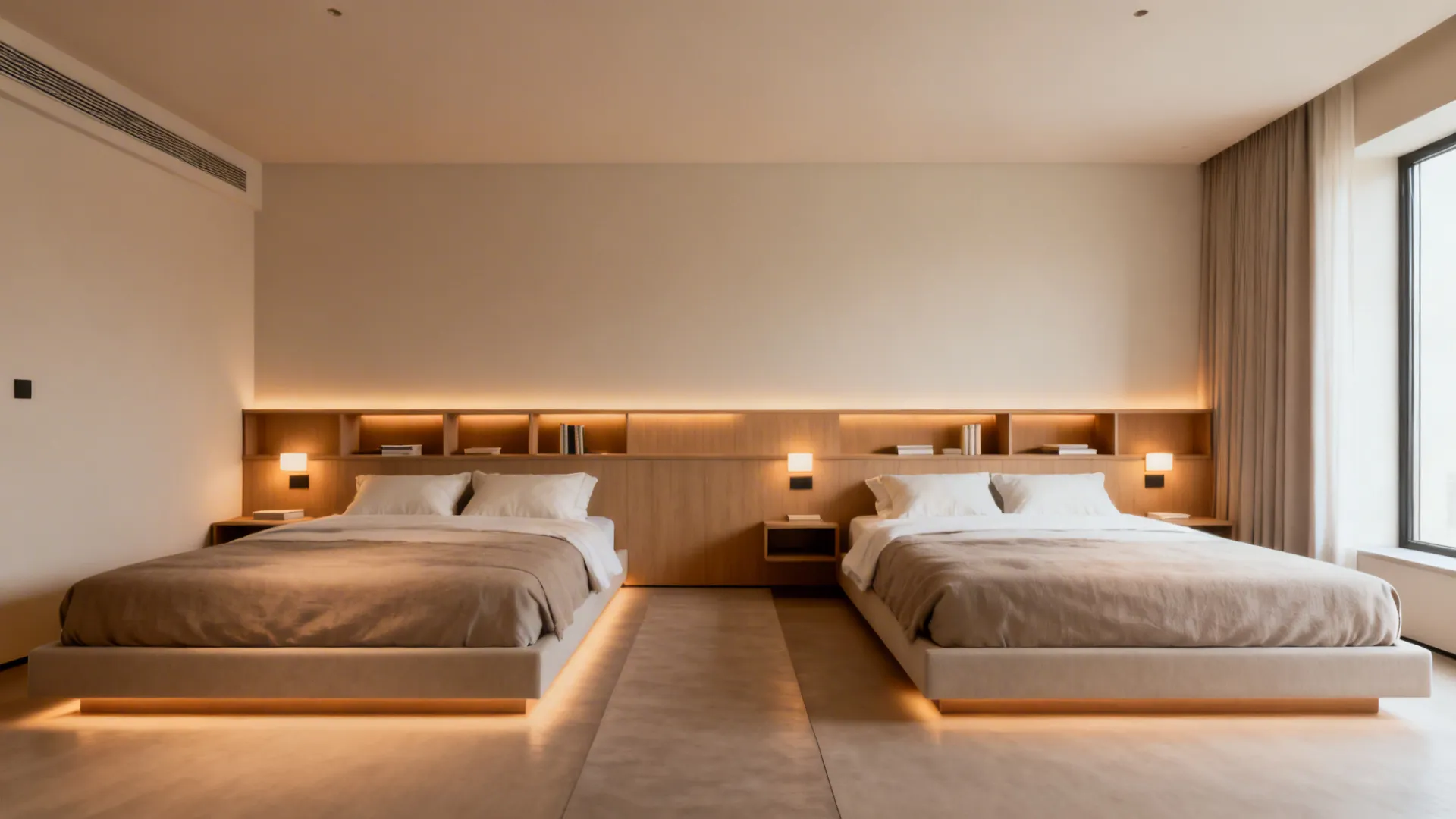 4. Corner L-shape layout with a shared headboard