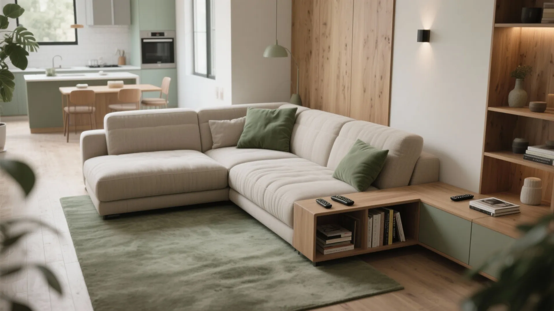 3. L-shape sectional with integrated shelving