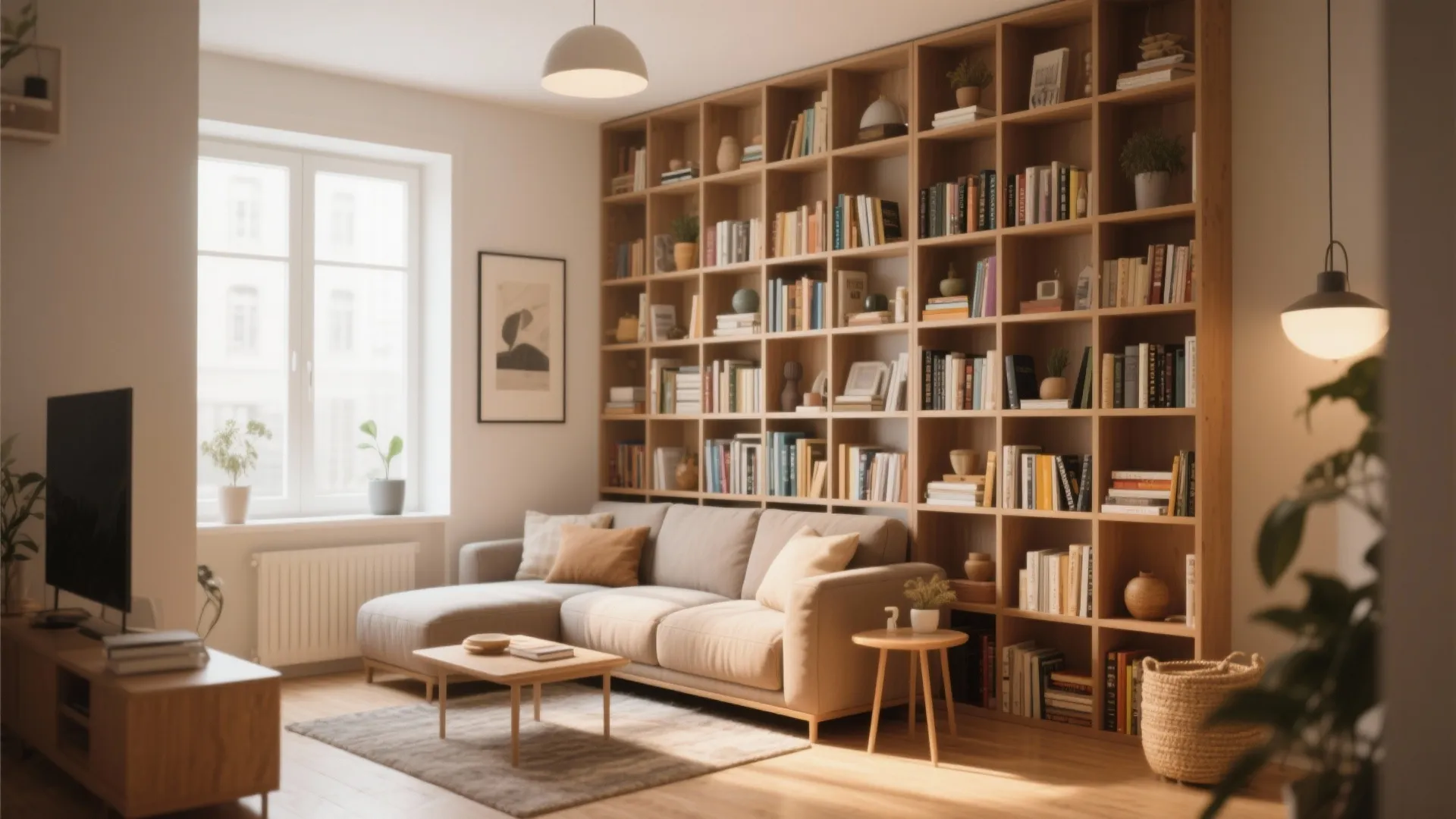Modern living room featuring a large wooden bookshelf, beige sofa, coffee table, rug, and window
