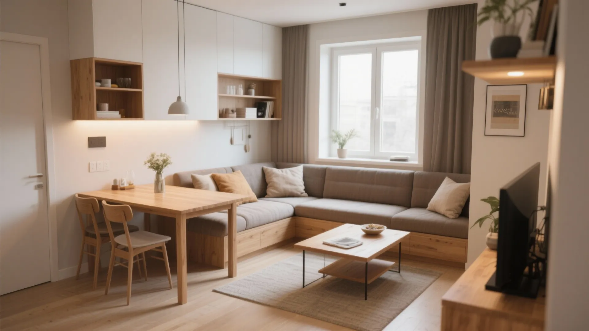 Small apartment interior design with wooden dining table large grey sofa and white storage cabinets