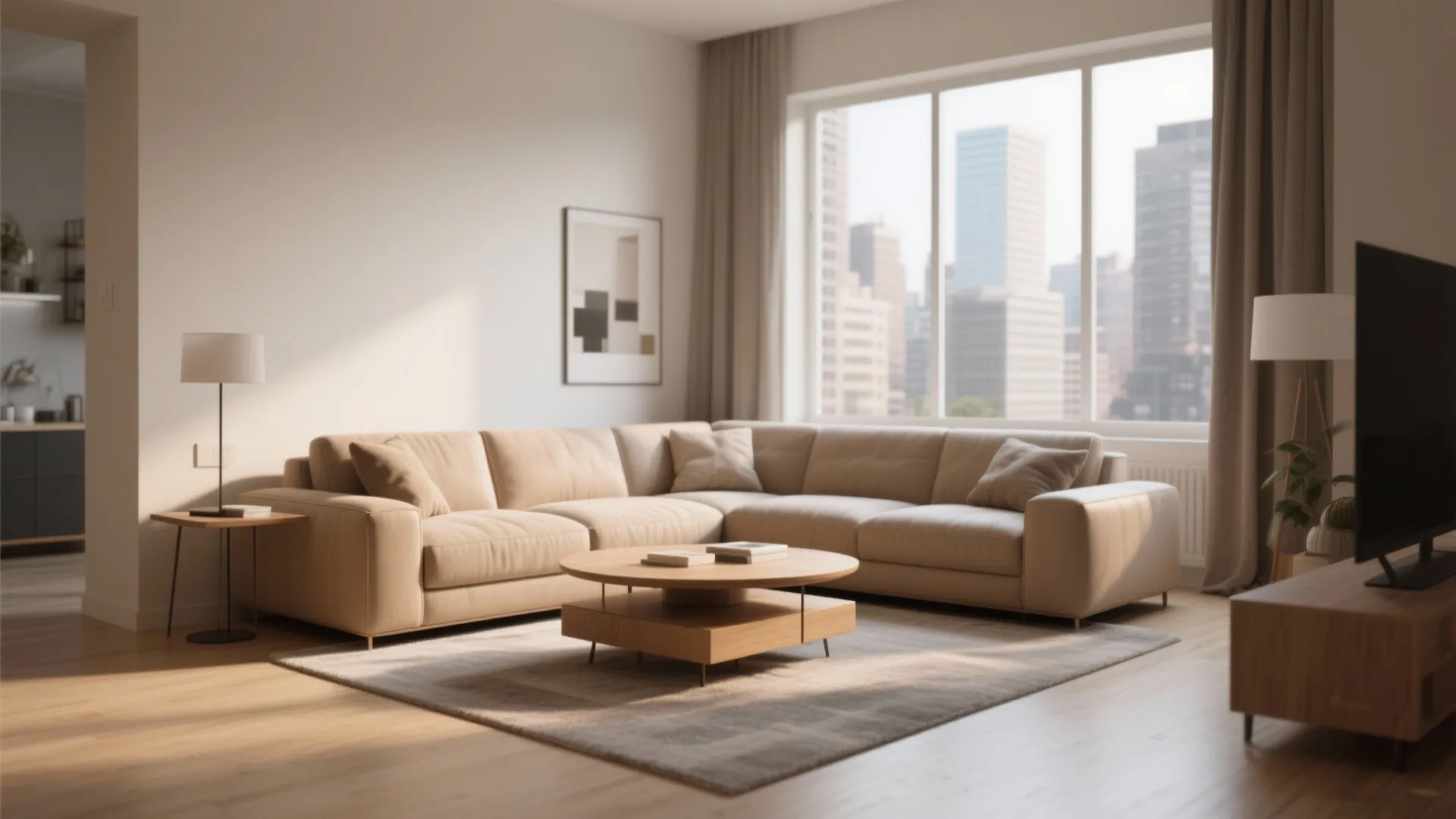 Beige sofa with round wooden coffee table and grey rug in living room overlooking buildings