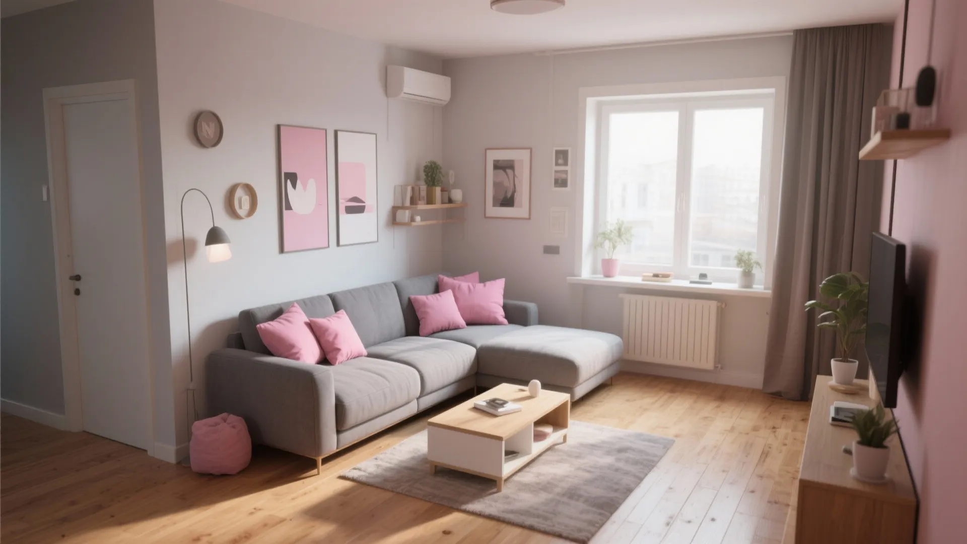 L-Shaped Sofa in Gray with Pink Cushions