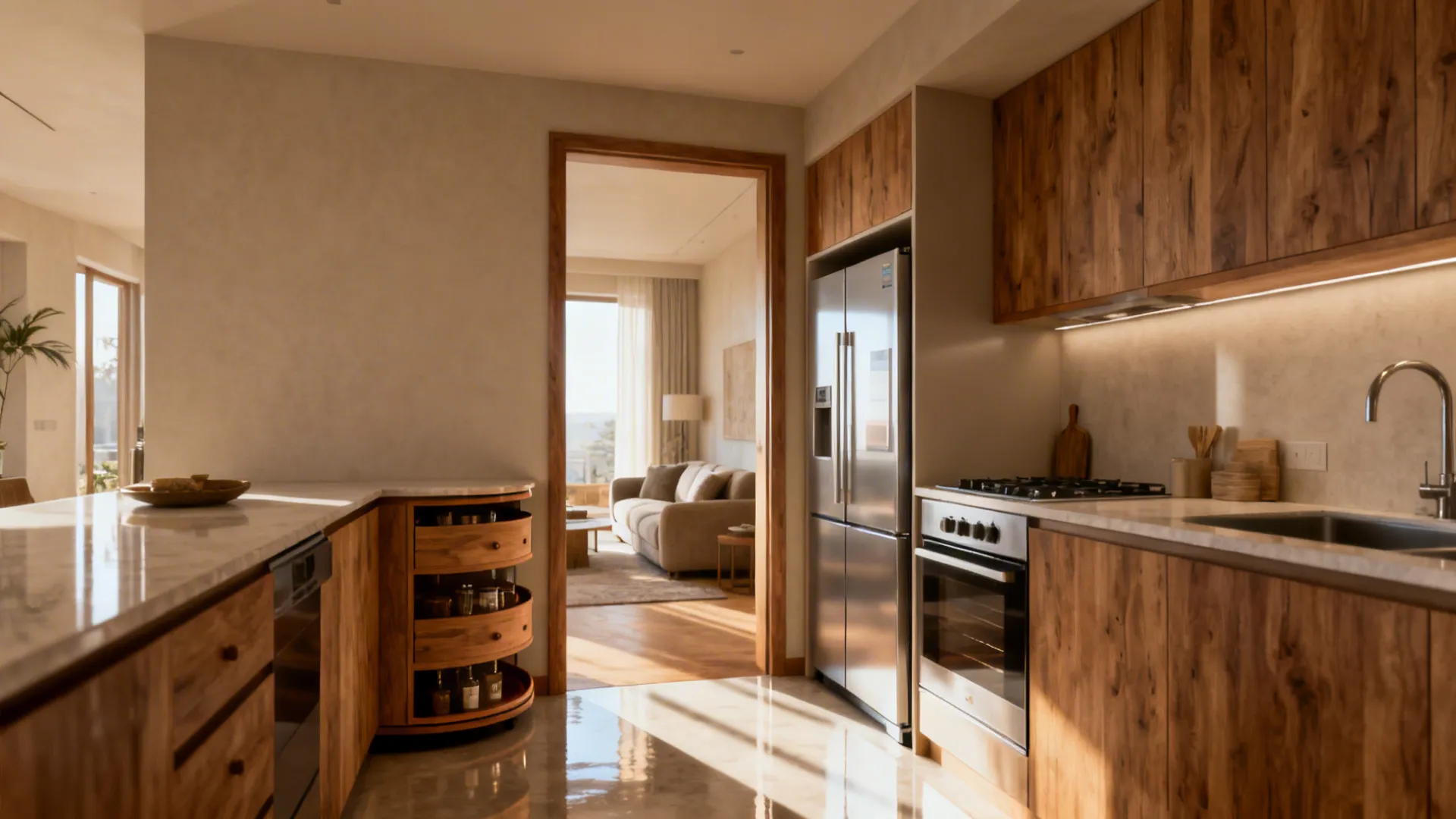L-shaped kitchen with a corner carousel and counter-depth fridge opening to living space