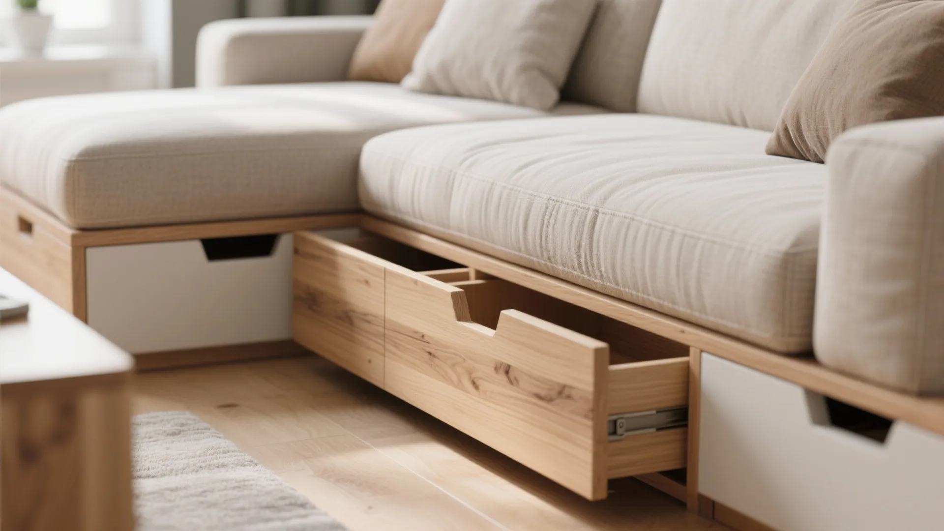Cream sofa with wooden storage drawers underneath showing practical space saving furniture for home organization
