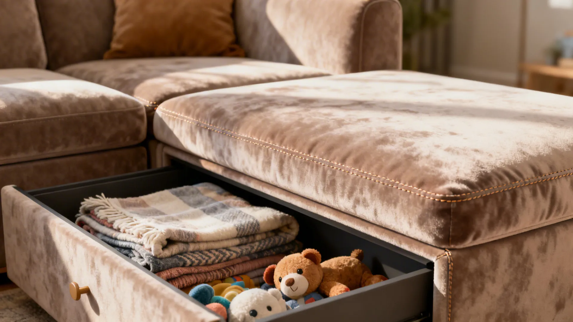 Close-up of built-in chaise storage under a compact L-shaped sofa with folded blankets inside.