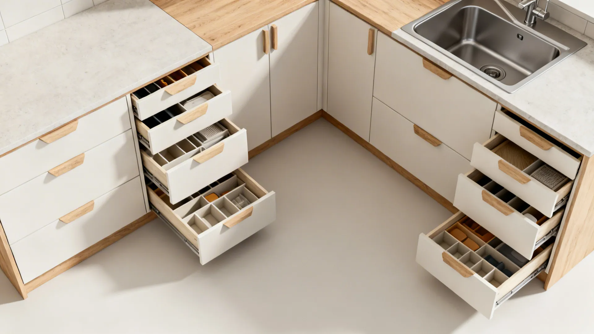 Top-down plan view of L-shaped base cabinets with drawers and a blind-corner pull-out.