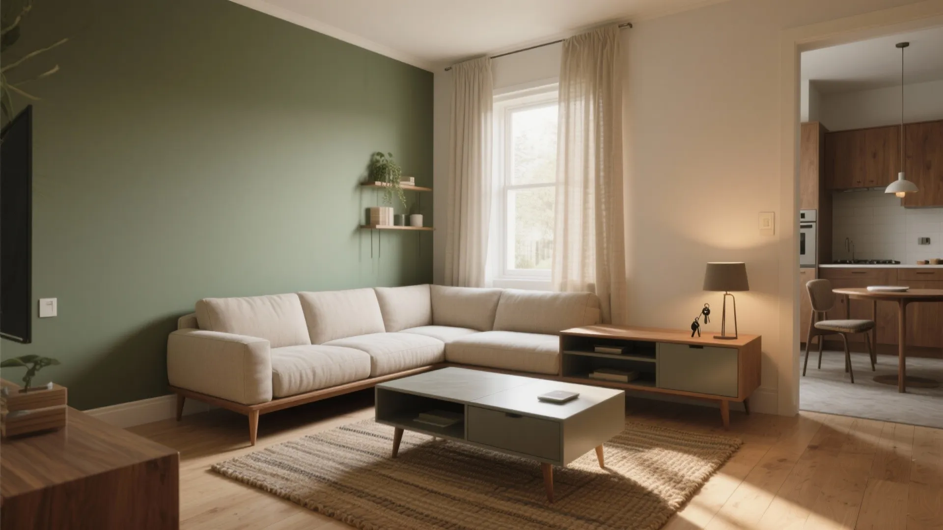 Living room with green wall cream sofa coffee table rug and view of kitchen area