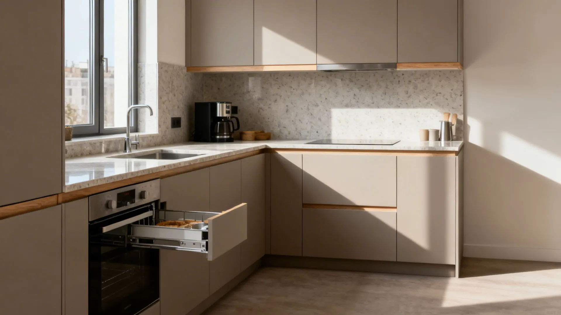 Compact L-shaped studio kitchen with long prep run and corner pull-out.