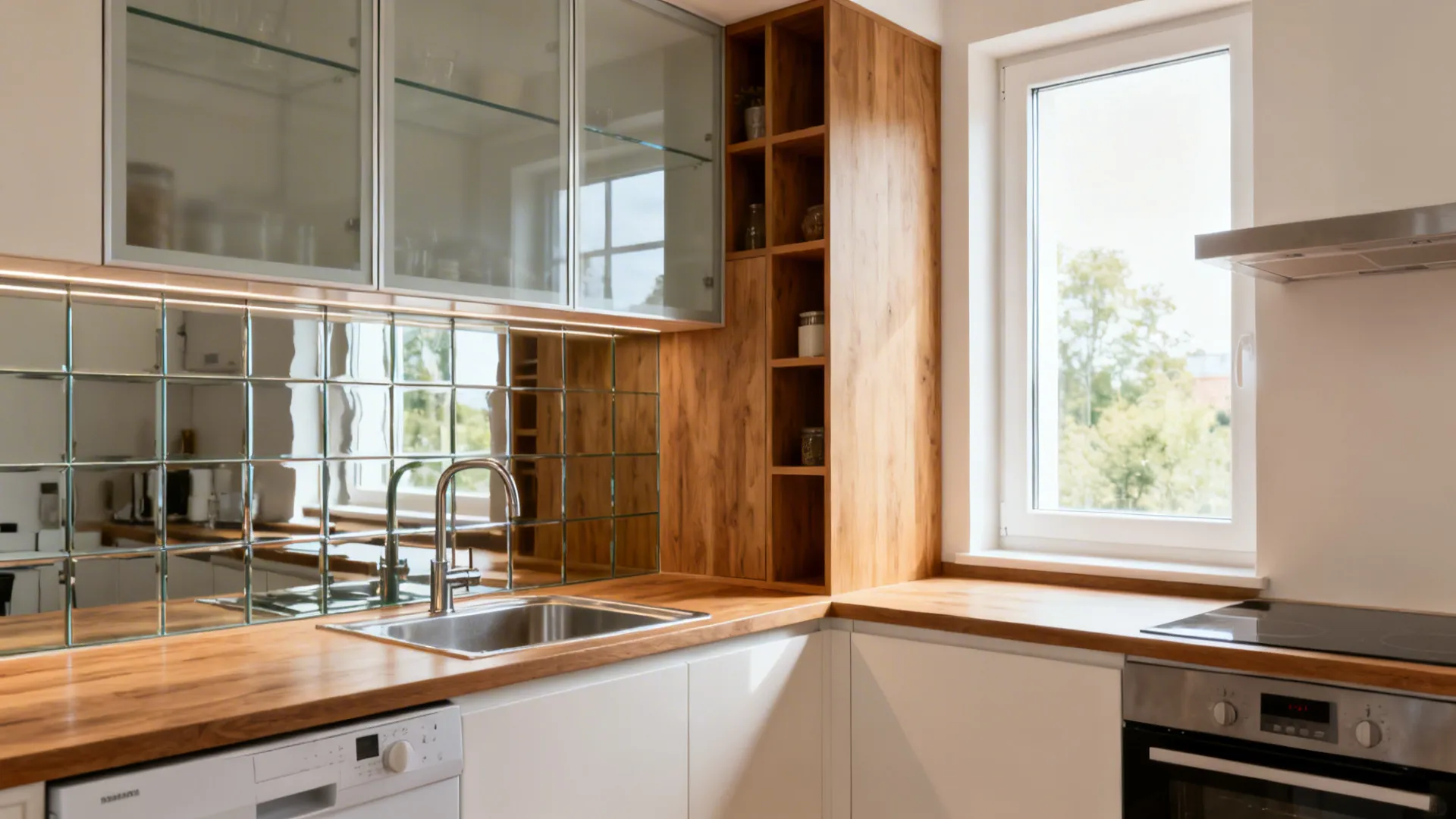 Cohesive small L-shaped kitchen with window, glass splash, sink under window, and oak accents.