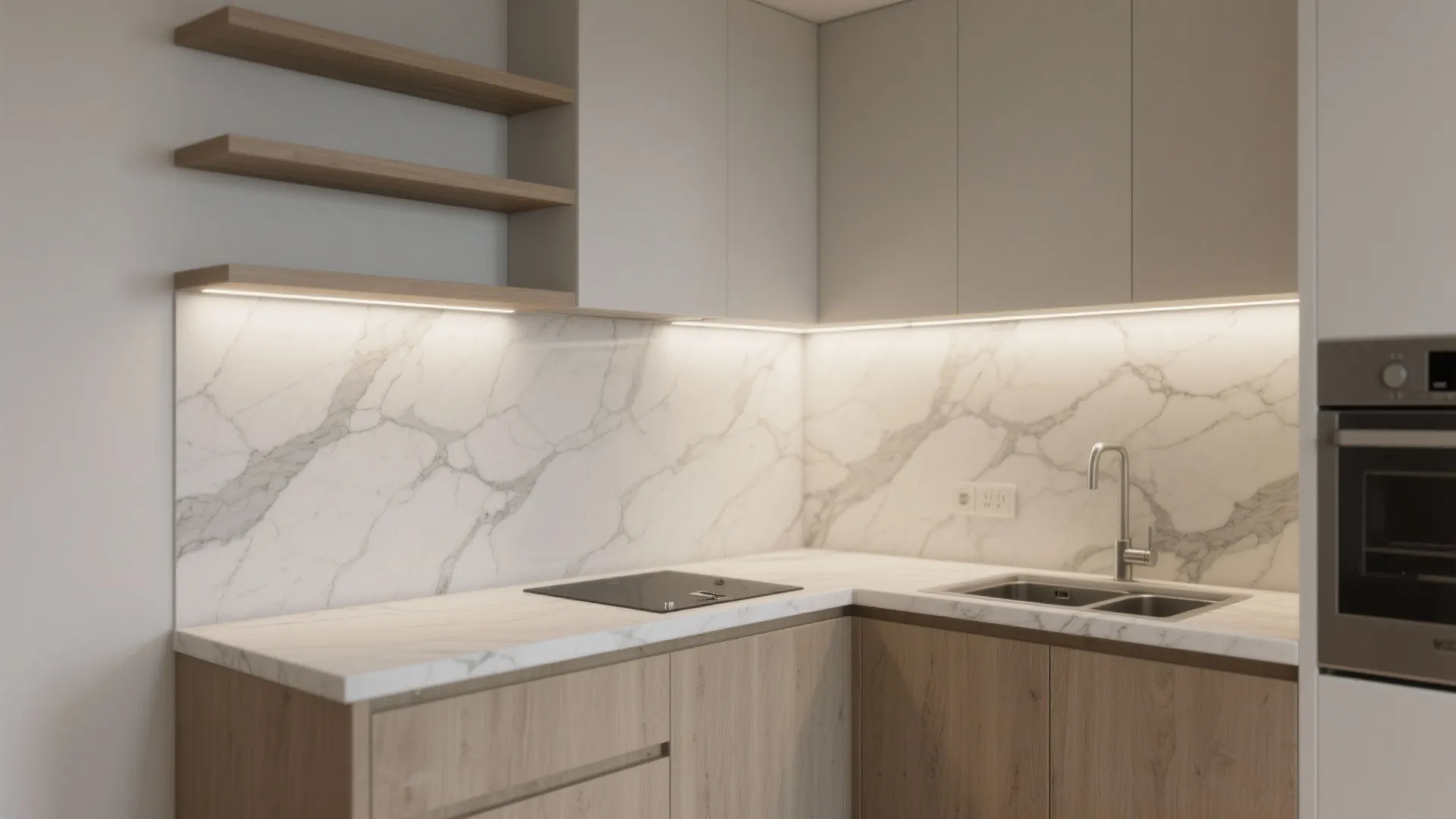 L-shaped micro-kitchen with marble paint synergy