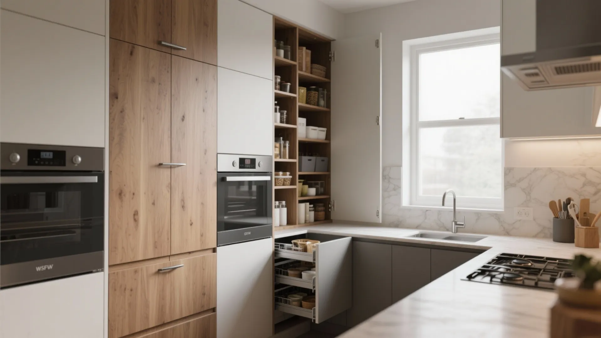 Modern kitchen with wood tall cabinets white built-in ovens and open storage shelves for snacks