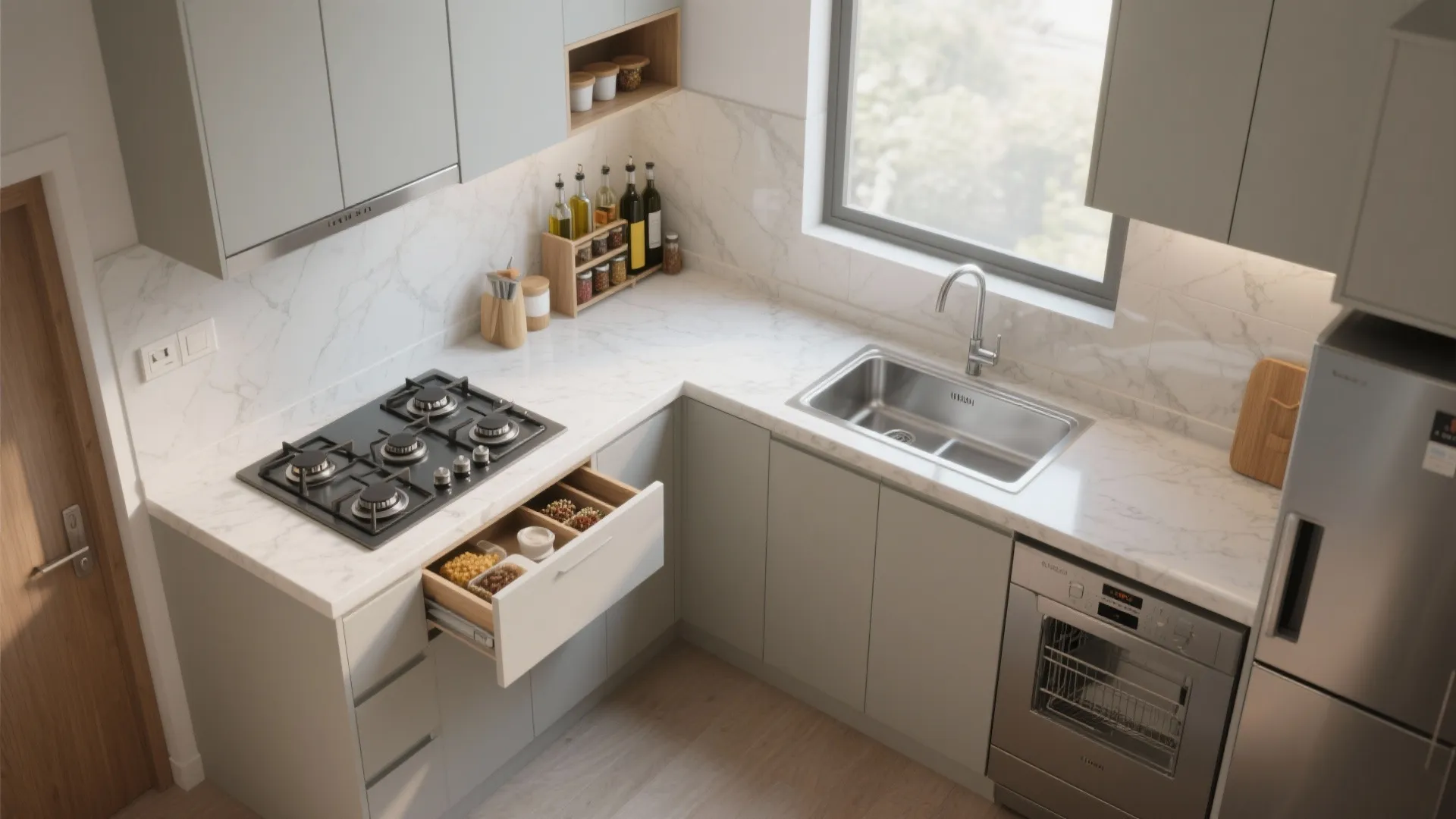 L-shaped small kitchen zoning that works