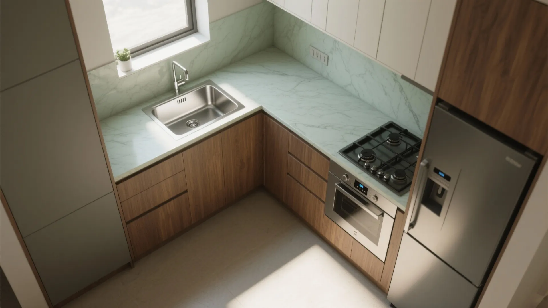Top view of L shaped kitchen with green marble countertop wood cabinets sink and stove