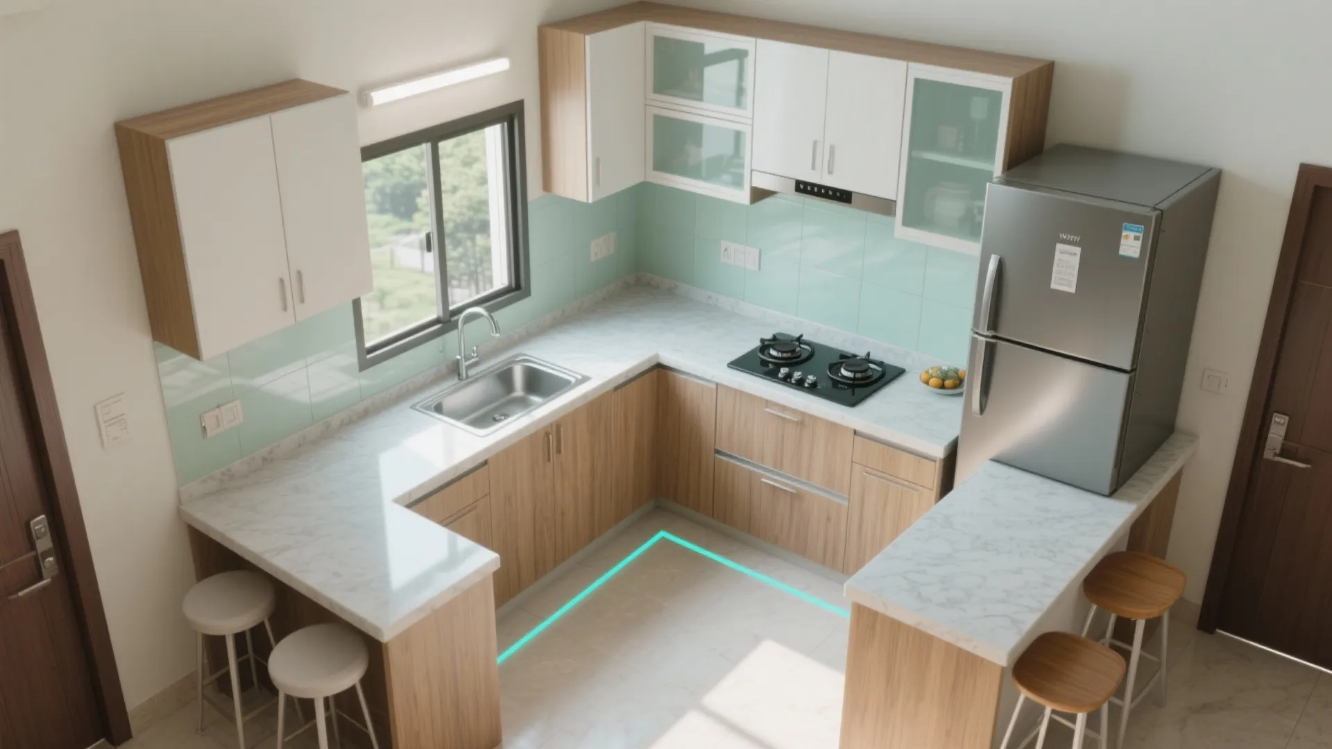 L-shaped small kitchen layout that flows