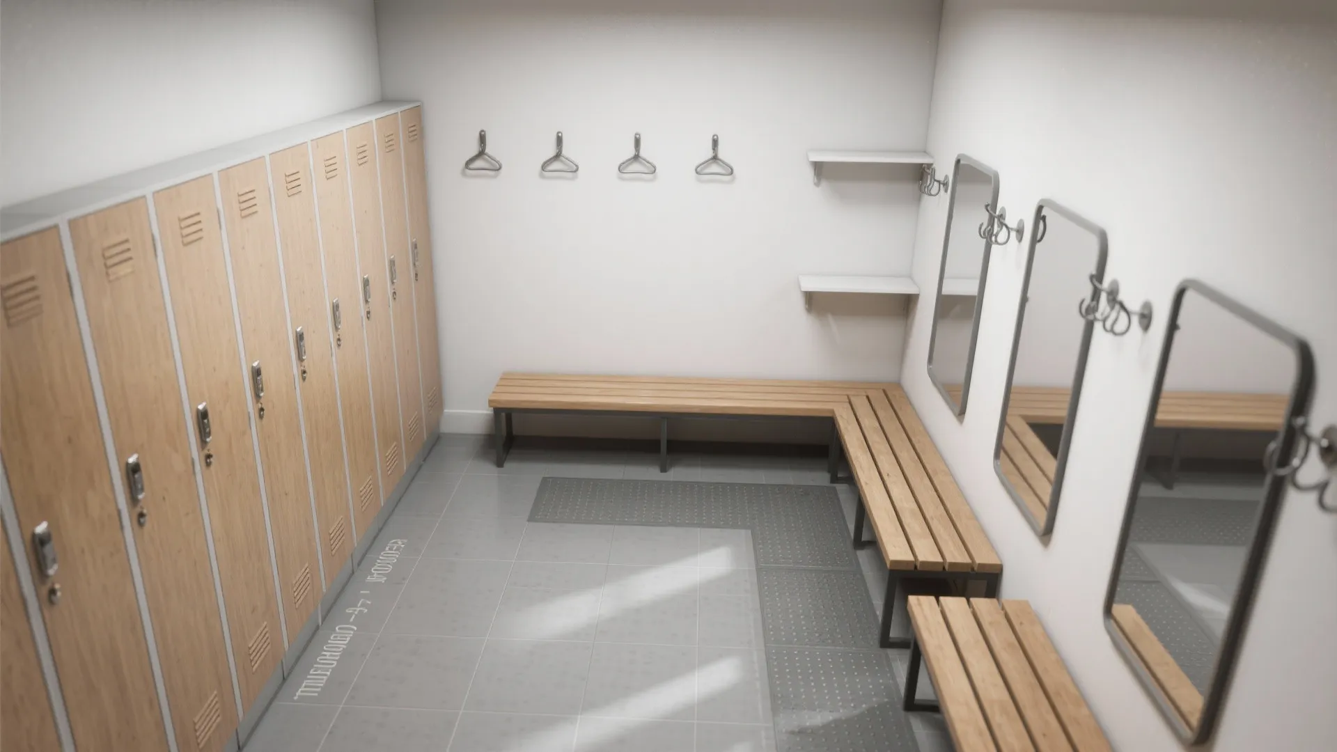 Top view of a locker room layout with wooden lockers l-shaped bench mirrors and hooks