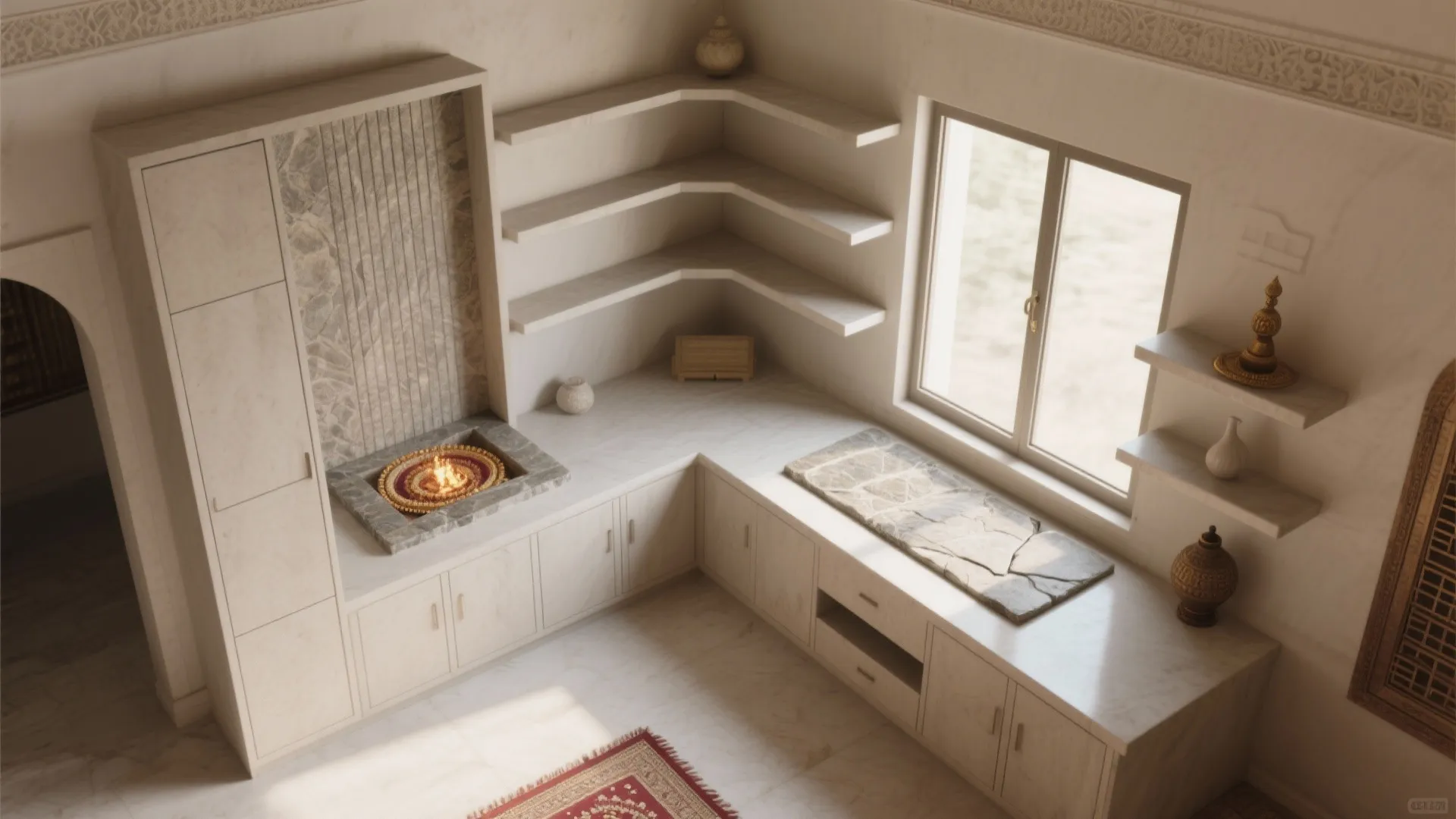 Corner Pooja Unit With L-Shaped Layout