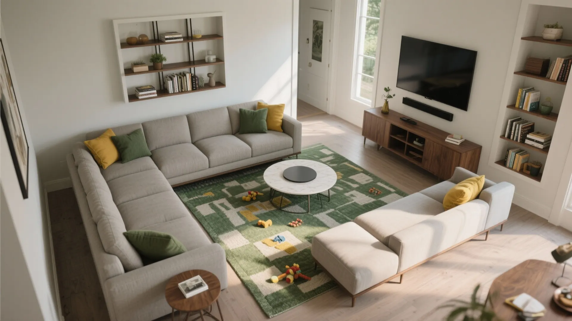 Top-down plan shows L-shaped sectional, play rug behind sofa, and clear pathways.