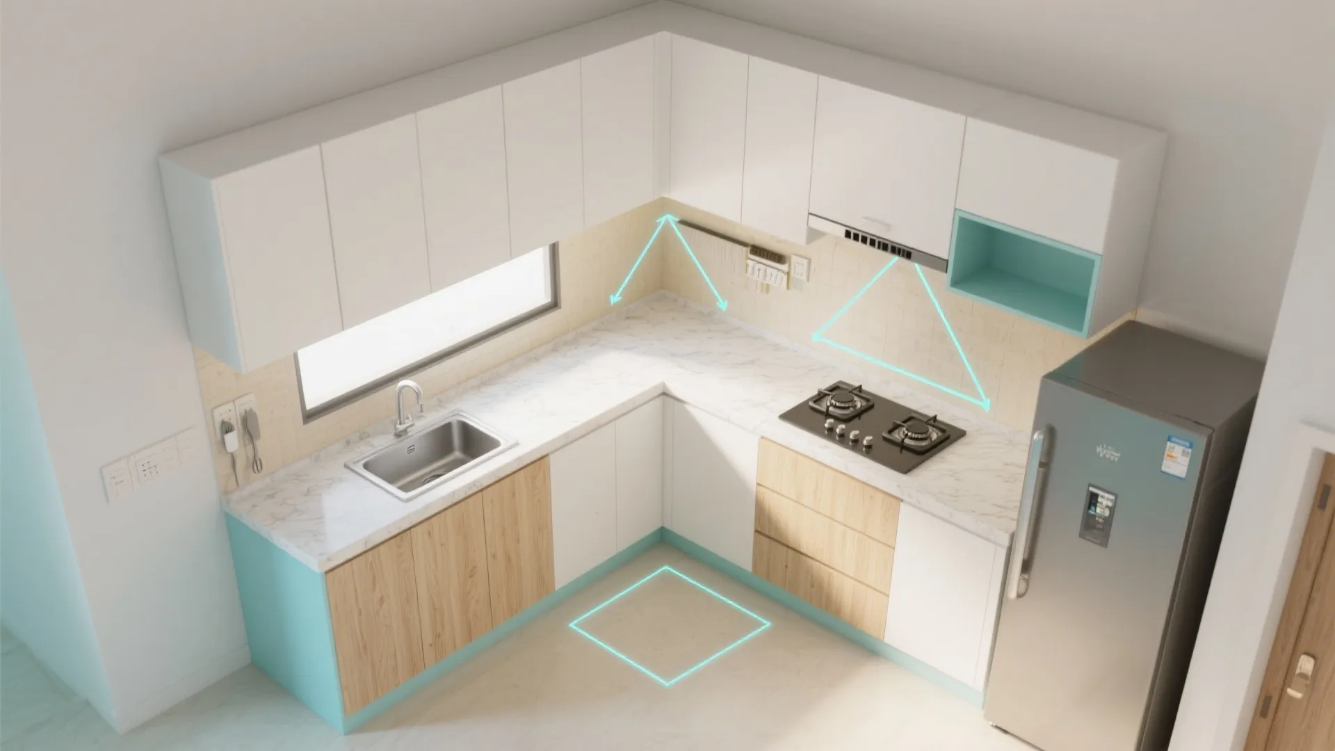 L-shaped small kitchen layout that opens up movement