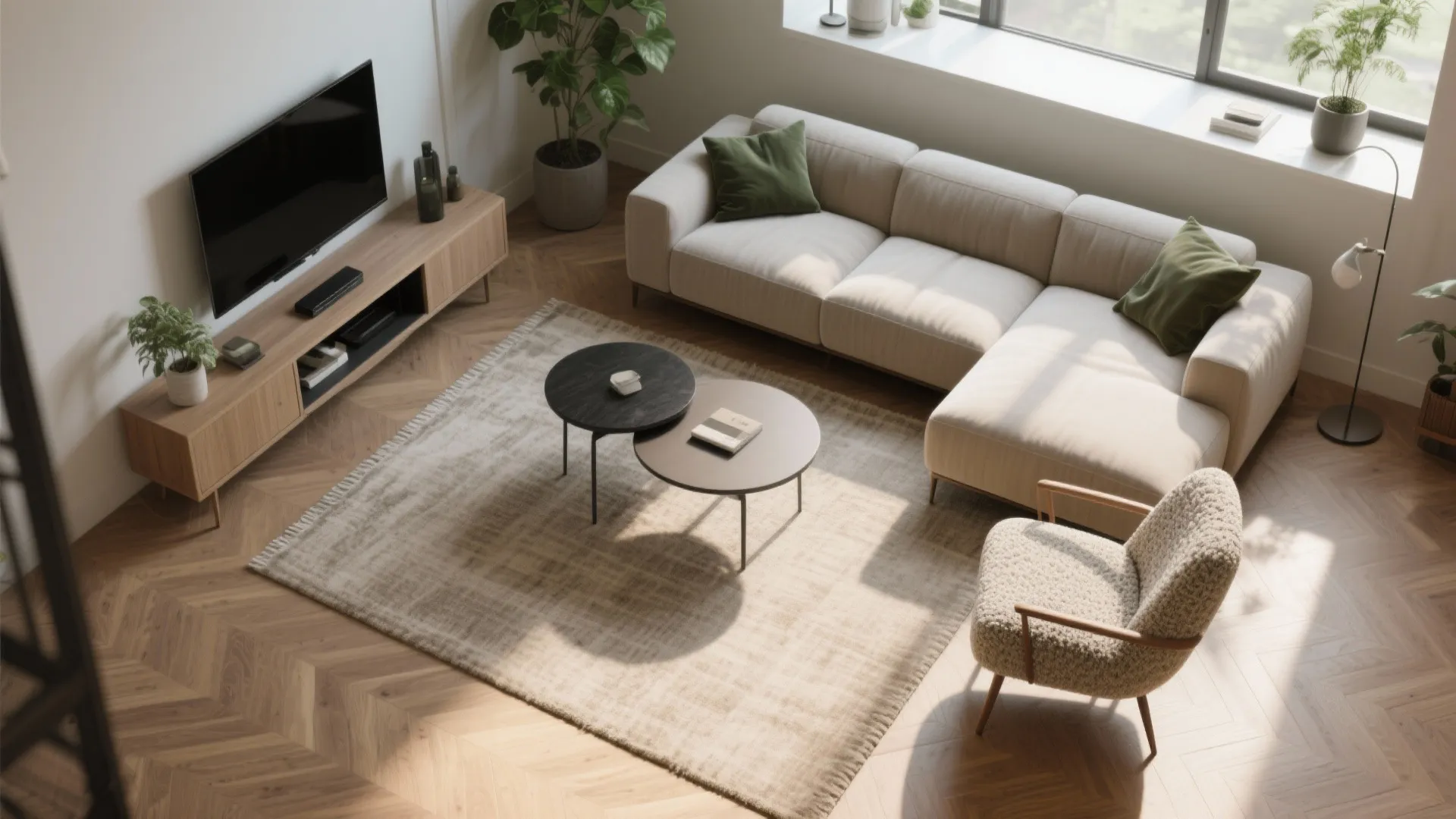 Modern living room layout with large beige sofa wooden floors green plants and black coffee tables