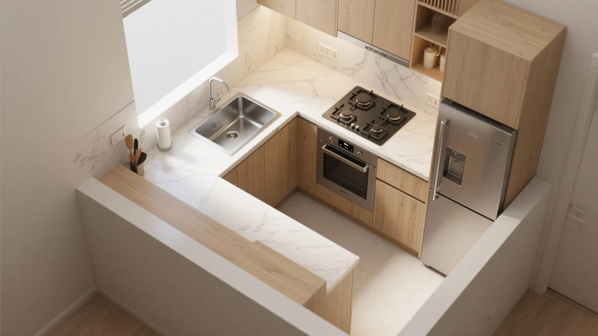 Top view of small kitchen layout with white marble counter wooden cabinets and silver fridge