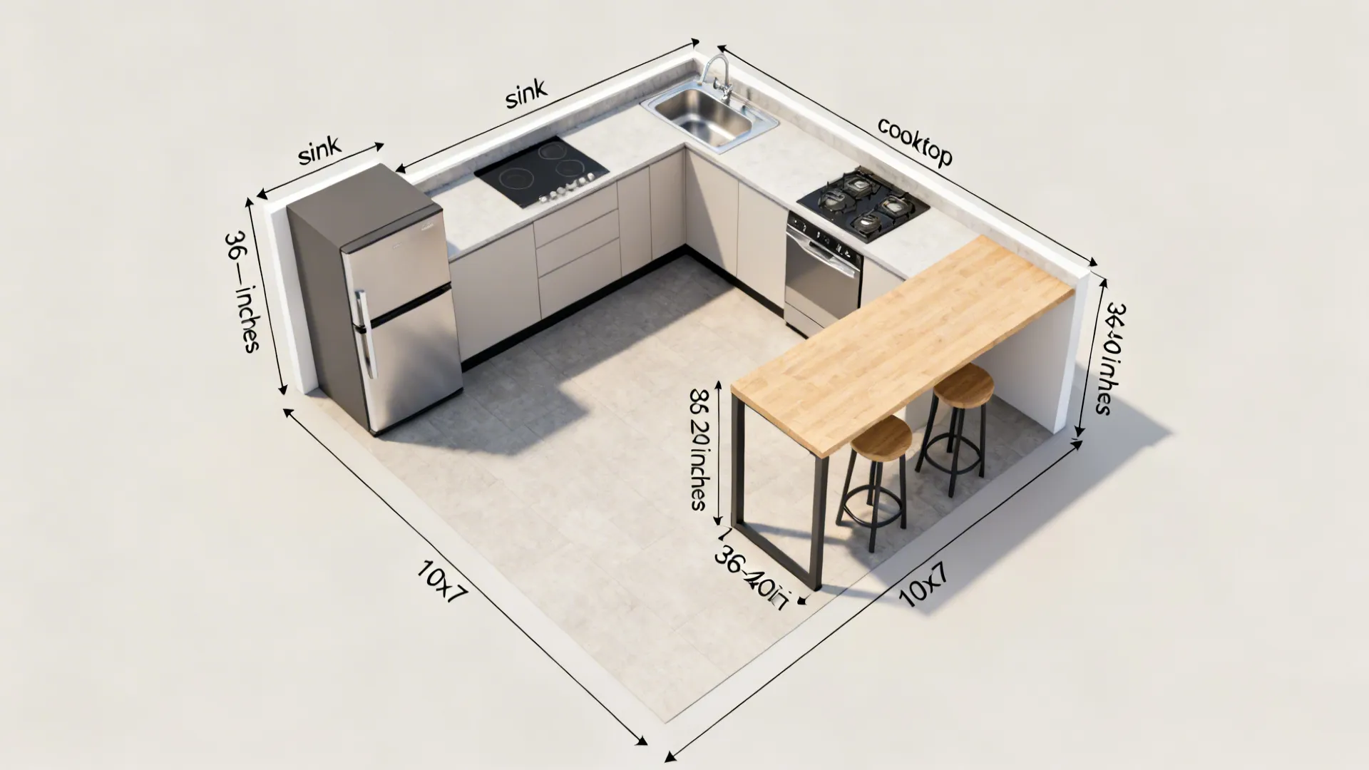 Top-down view of a 10x7 L-shaped kitchen with a shallow prep peninsula and clearances.