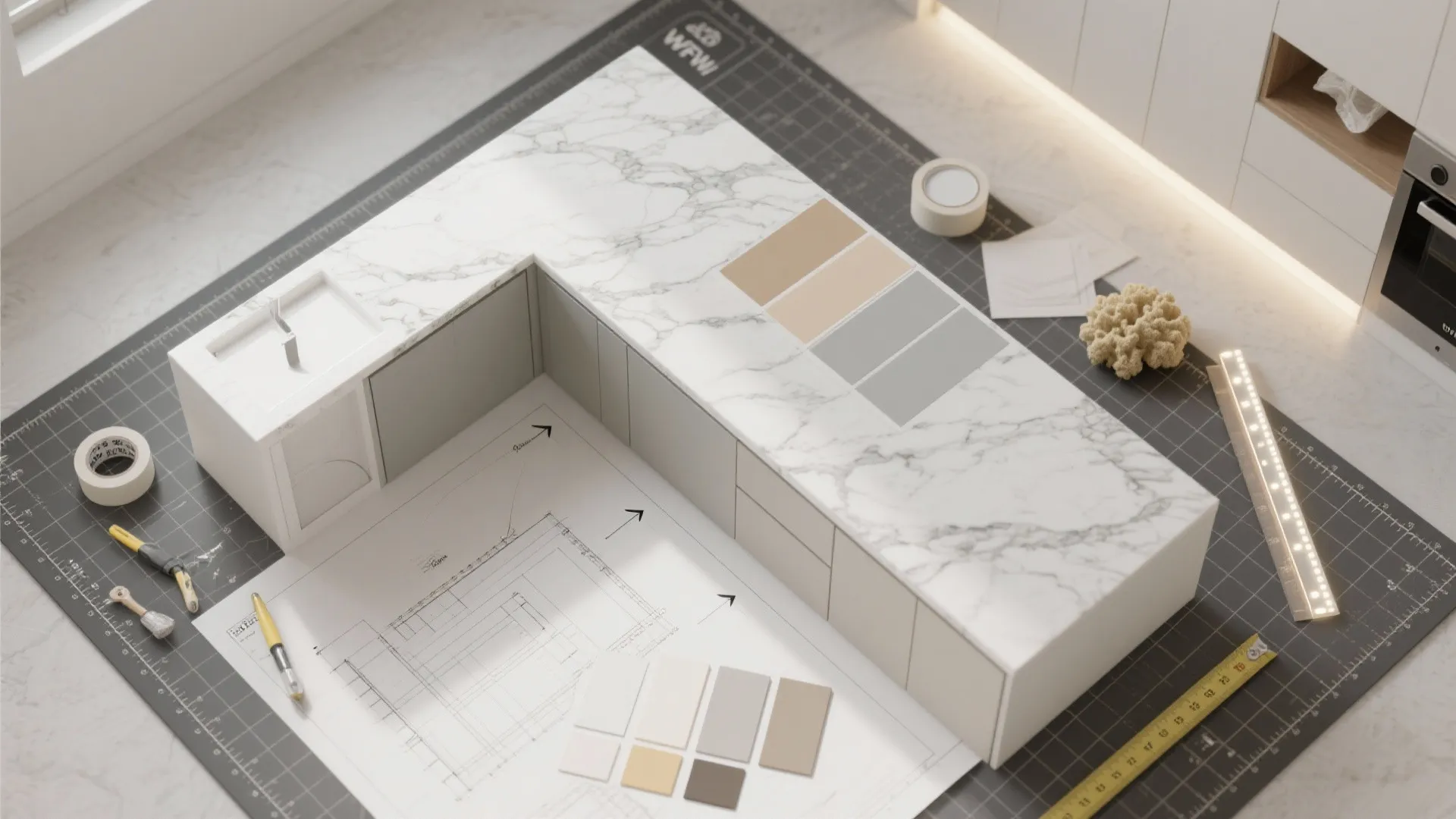 L-shaped micro-kitchen with marble paint synergy