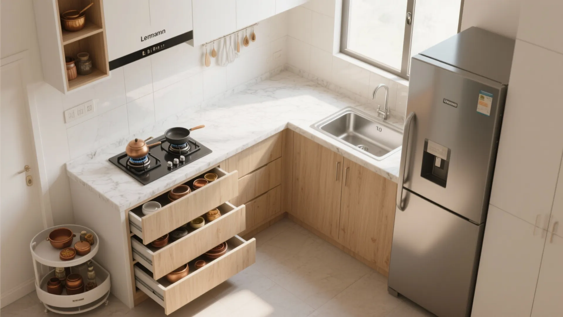Compact L-shaped kitchen flow