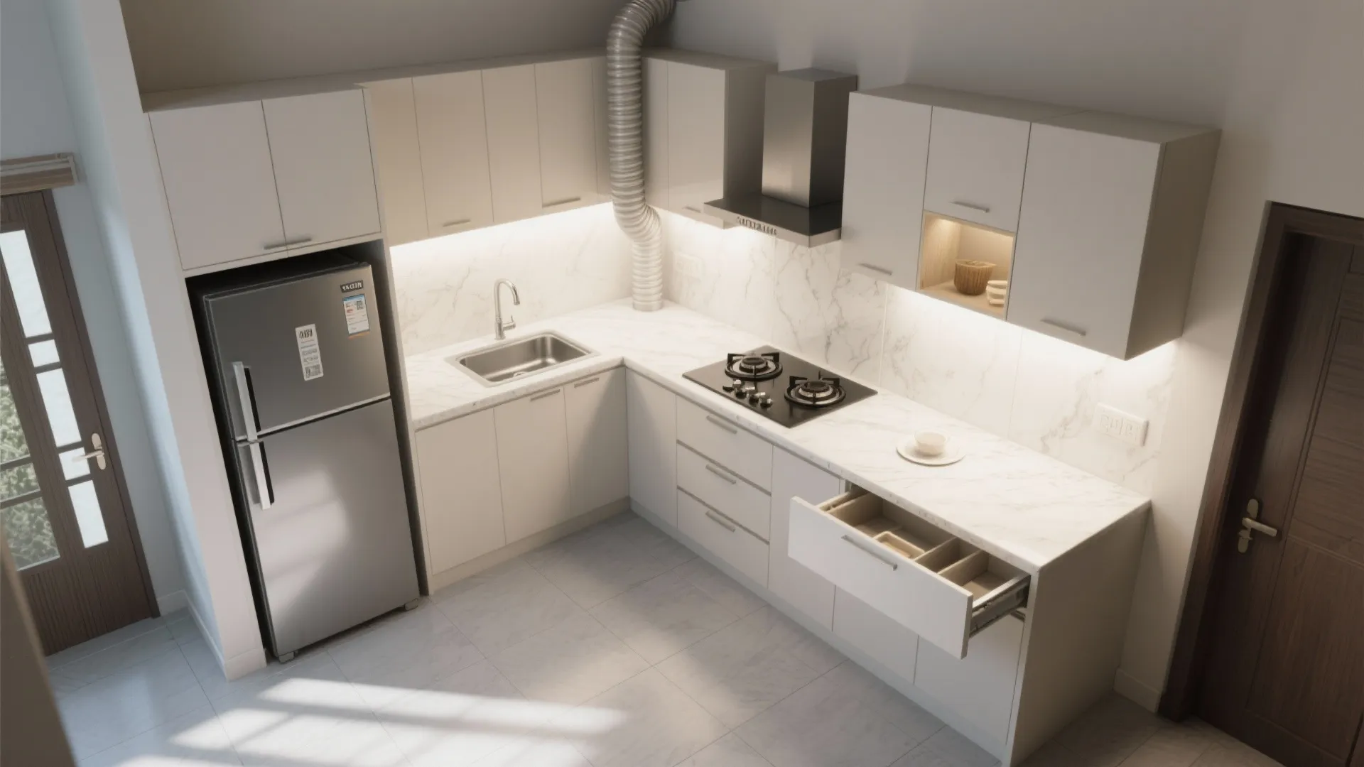 Smart L-shaped layout and a compact work triangle