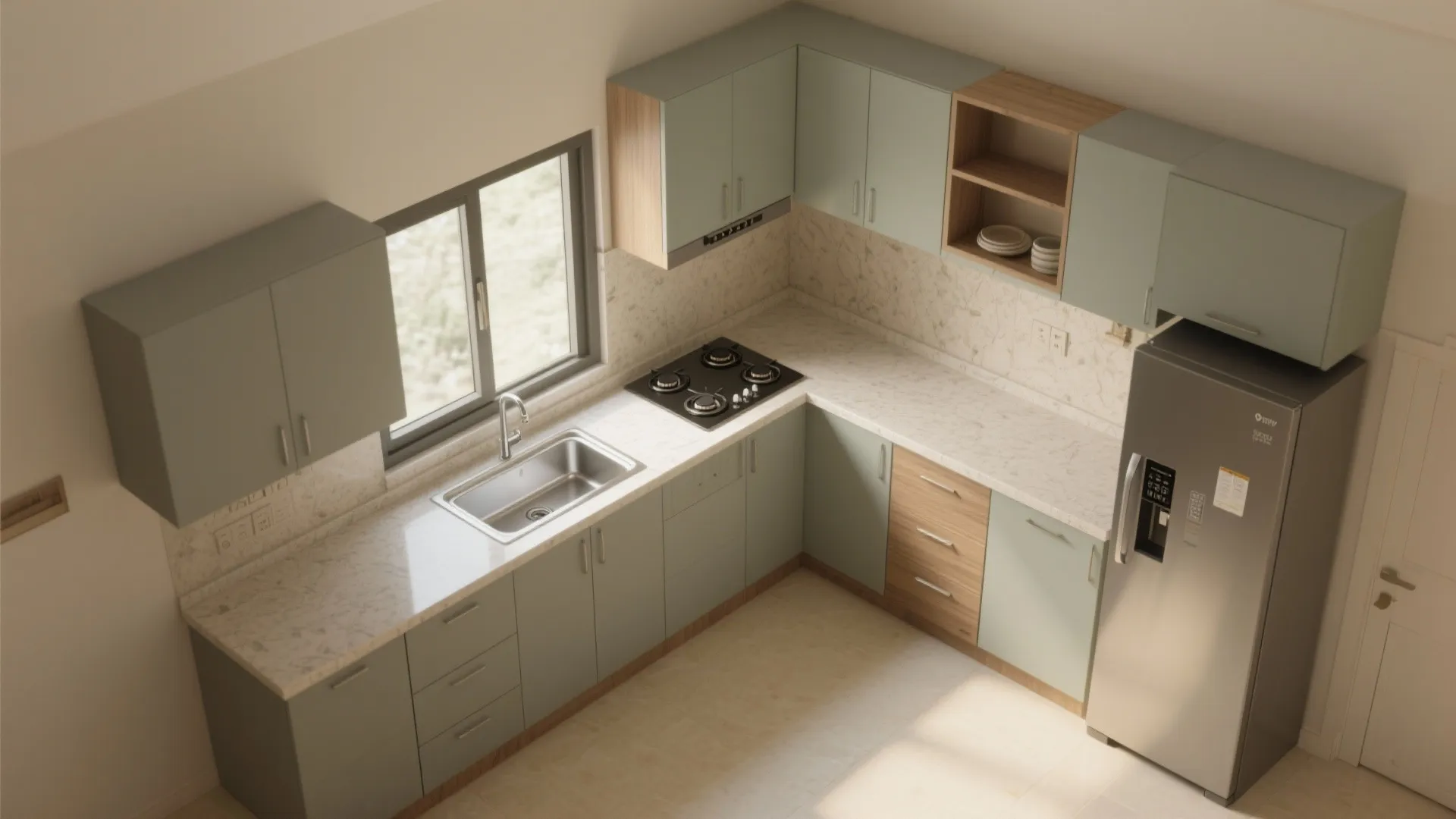 L-shaped small kitchen layout tailored for a 2 BHK
