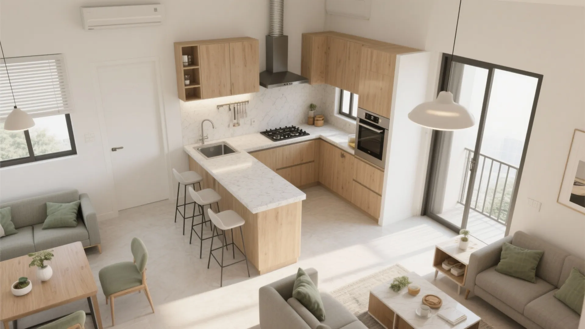 L-shaped small kitchen that opens to the living room