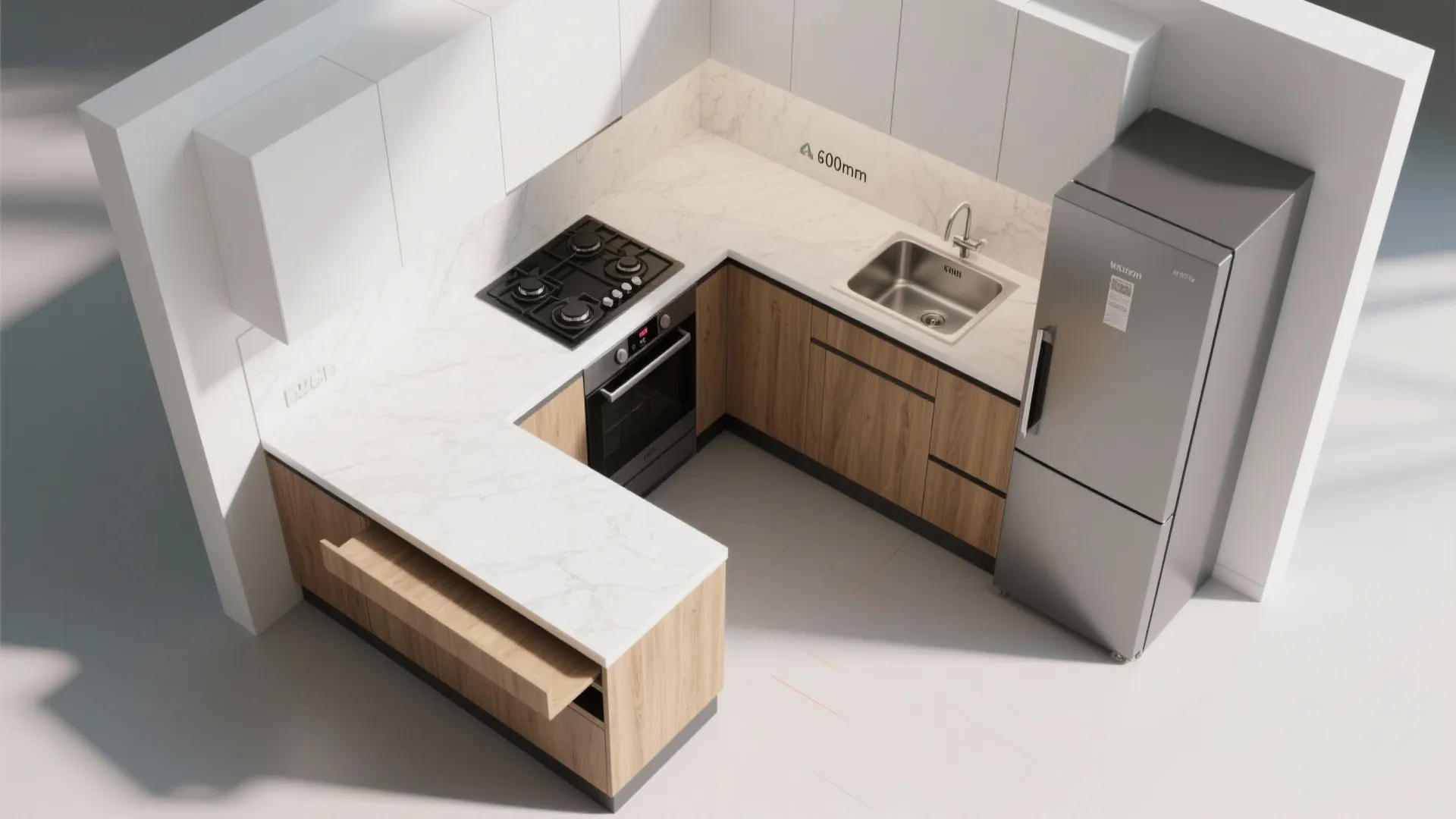 L-shaped micro-kitchen layout for better flow