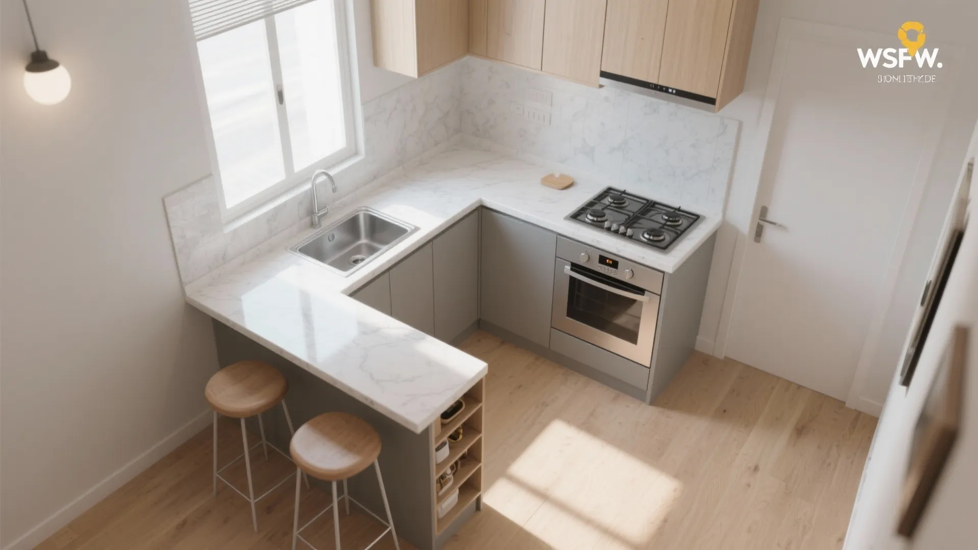 Compact L-shaped kitchen with a breakfast ledge