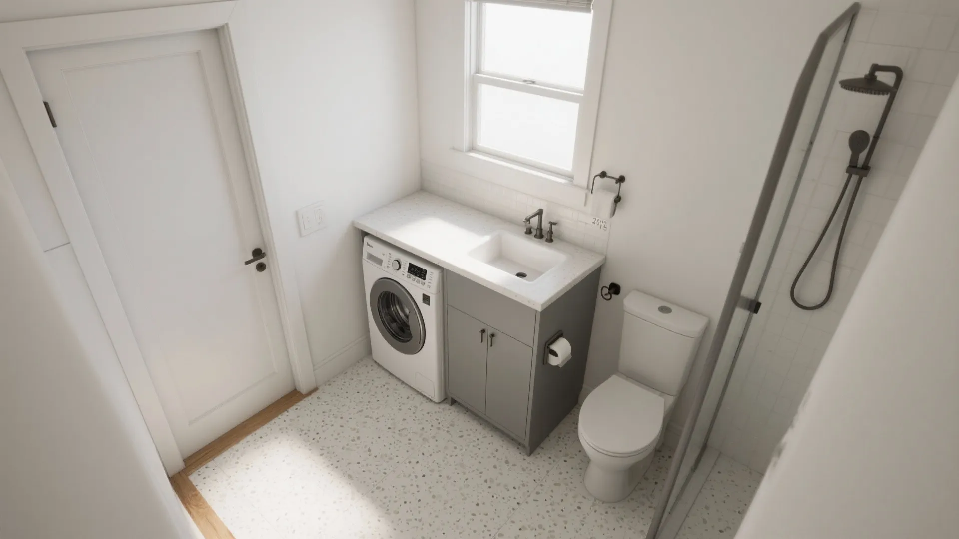 1) L-shaped micro-zoning that tucks laundry under counter