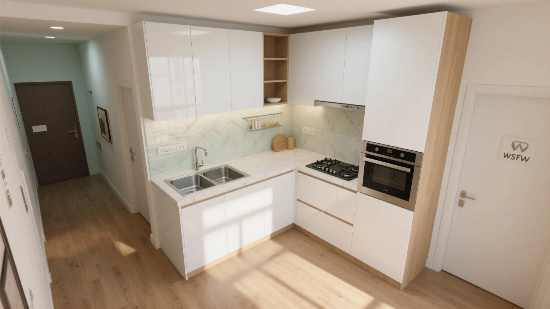 L-shaped small kitchen layout that flows with the hall