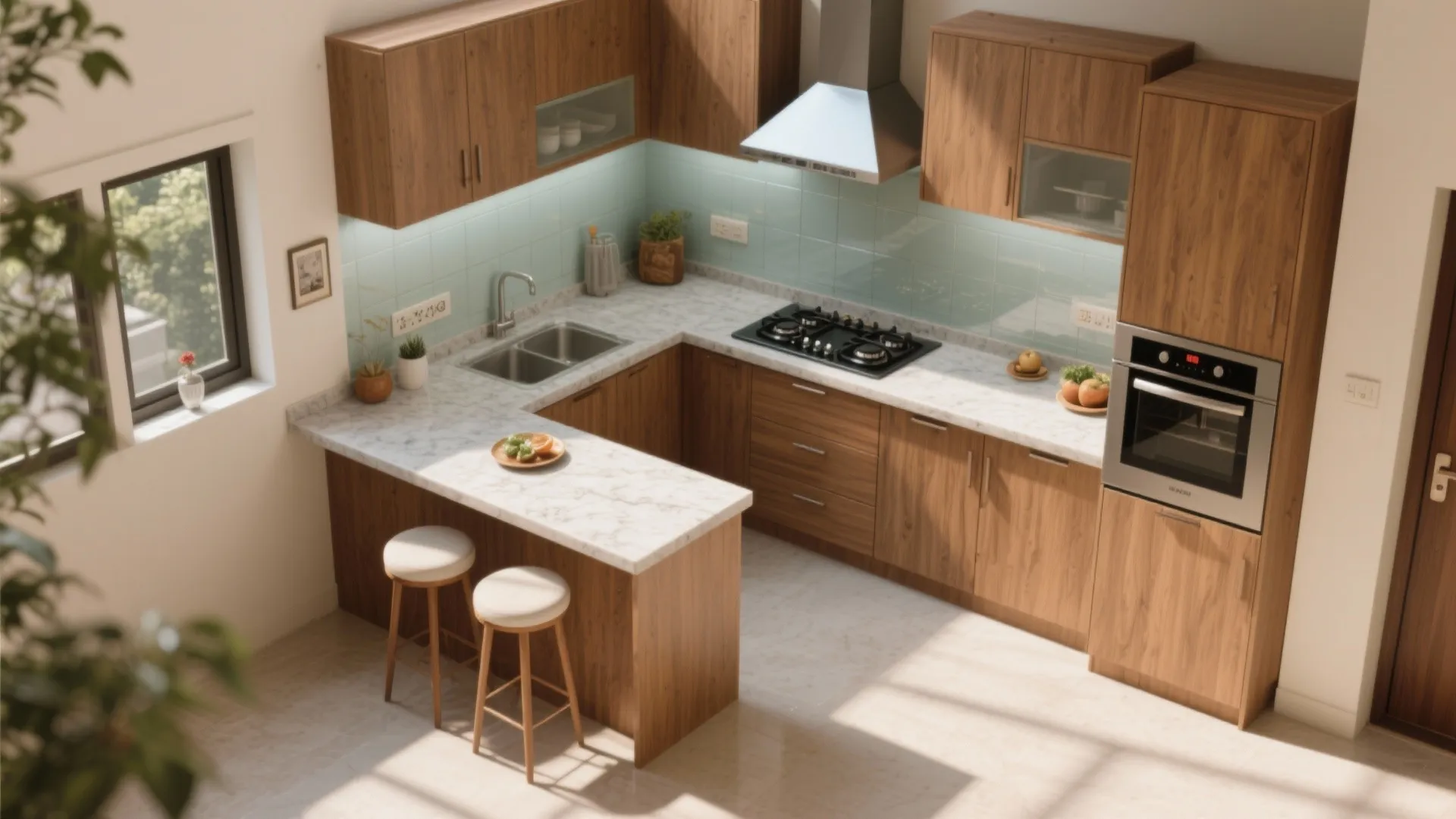 The compact L-shape kitchen and a breezy breakfast counter