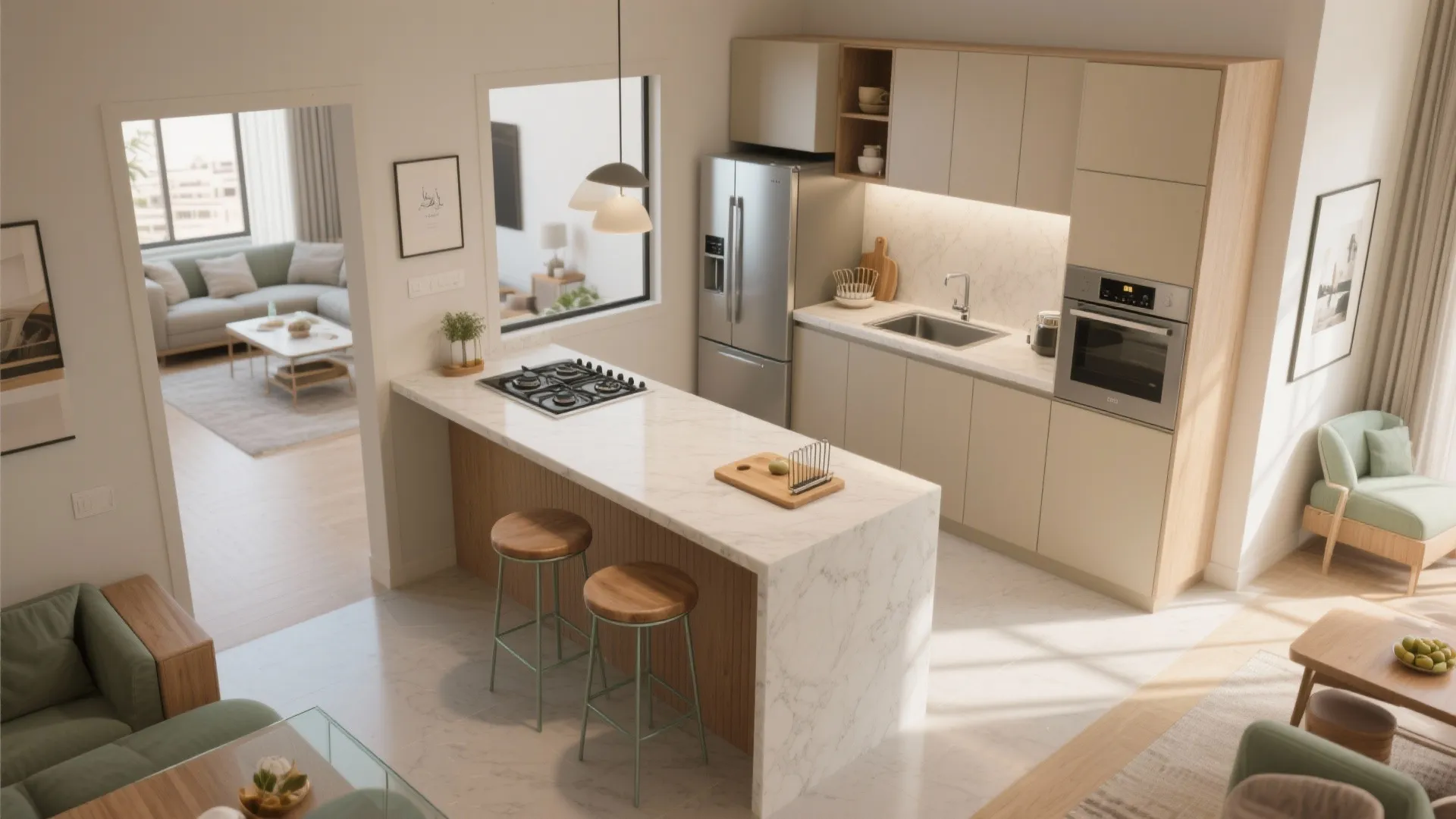 L-shaped small kitchen that opens to living-dining