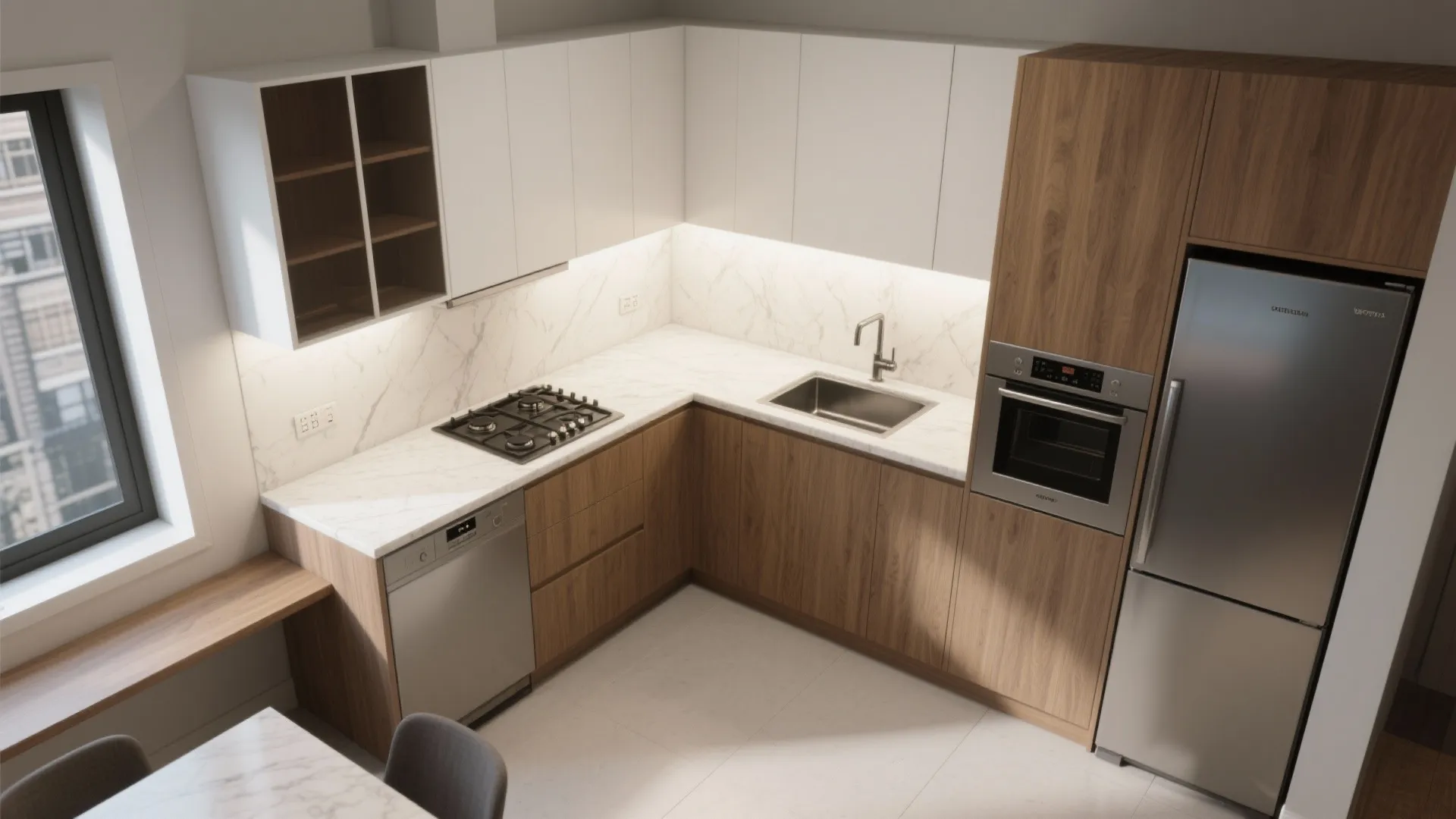 L-shaped kitchen that works hard (with a tall storage wall)