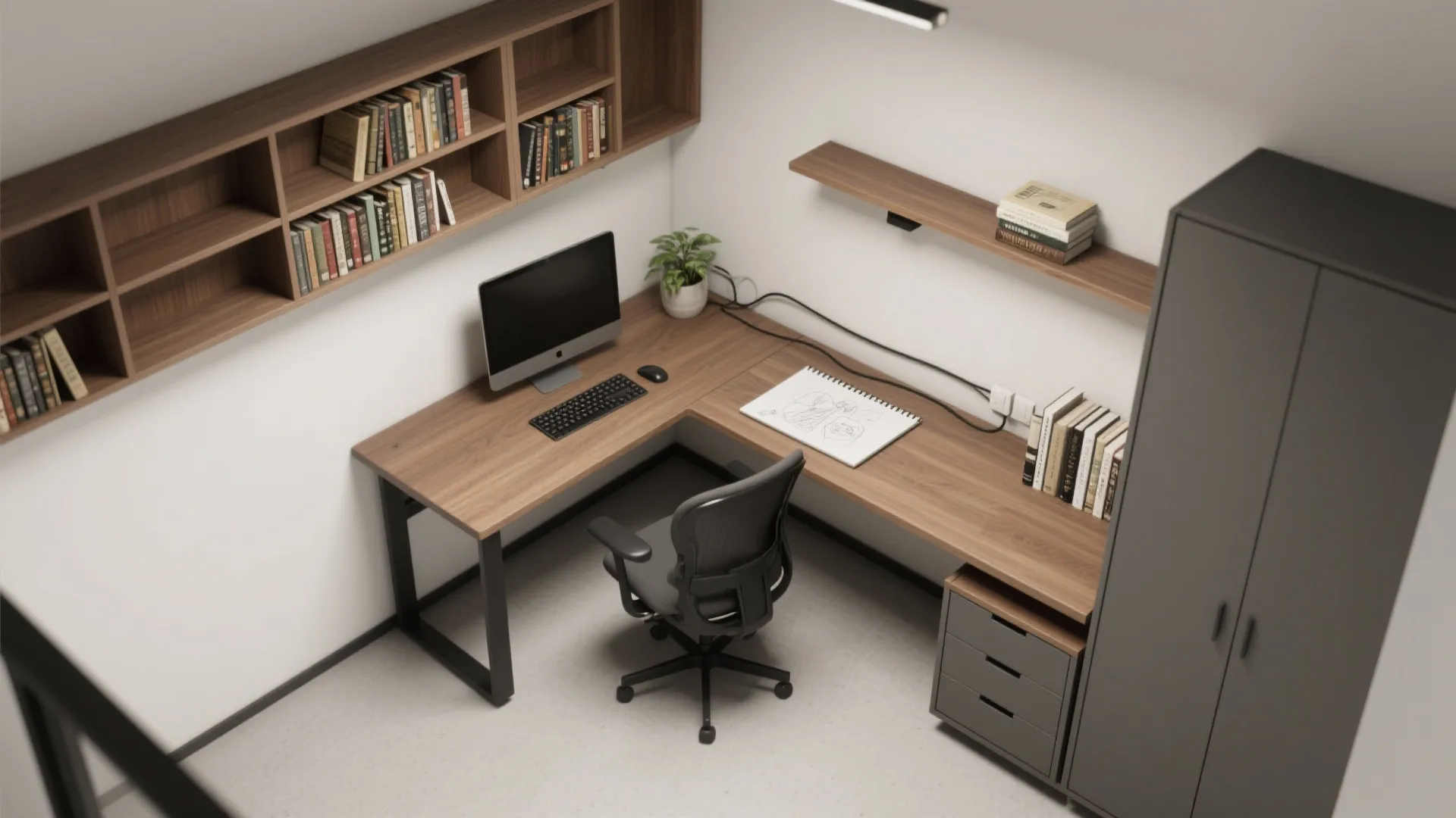 Modern home office with wooden corner desk black chair tall grey cabinet and wall shelves